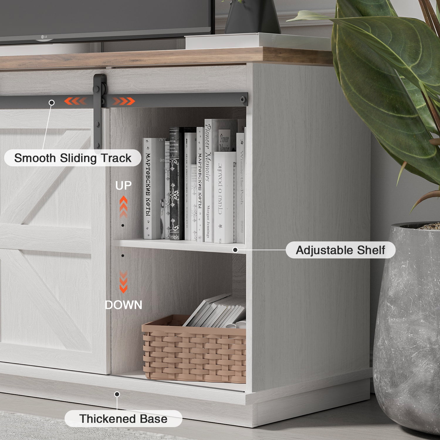 Vineego 58 Inch Farmhouse TV Stand and Entertainment Center for Televisions,with Sliding Barn Doors and Storage Cabinets,Milk White - Image 6