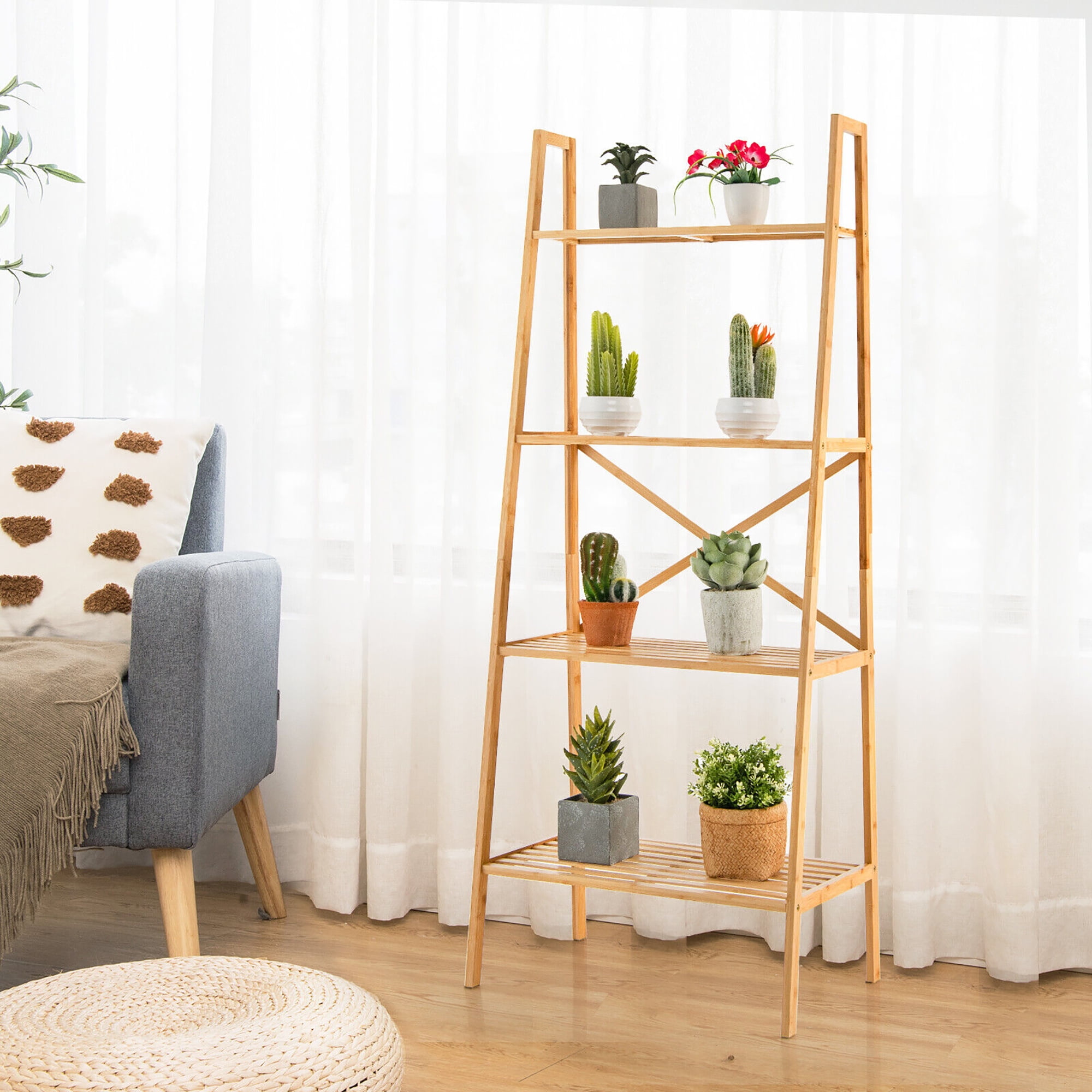 Gymax 4-Tier Bamboo Ladder Bookshelf 58'' Display Shelf Storage Rack Plant Flower Stand - Image 3