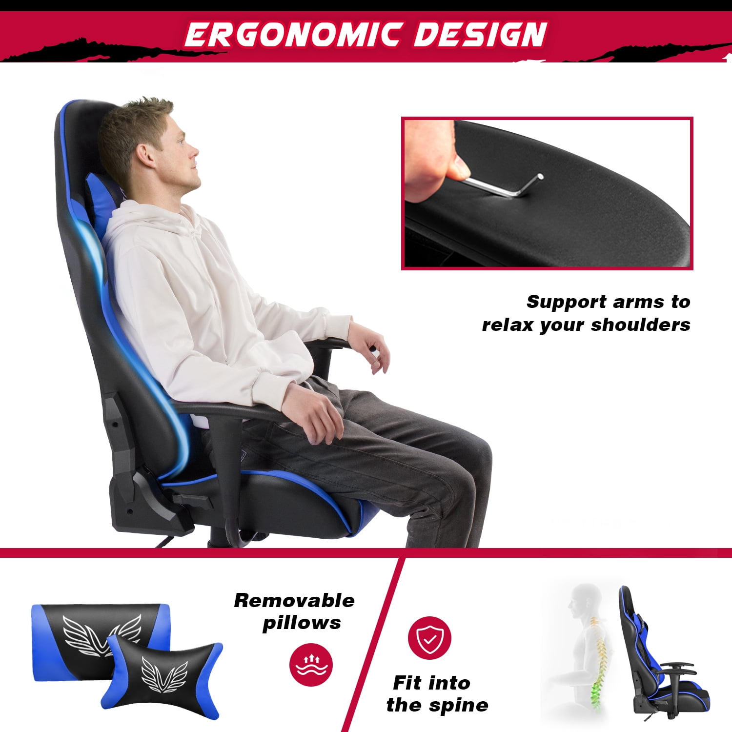 Lacoo Gaming Chair High Back Adjustable Height Racing Style Computer Chair with Headrest and Lumbar Support, Blue - Image 2