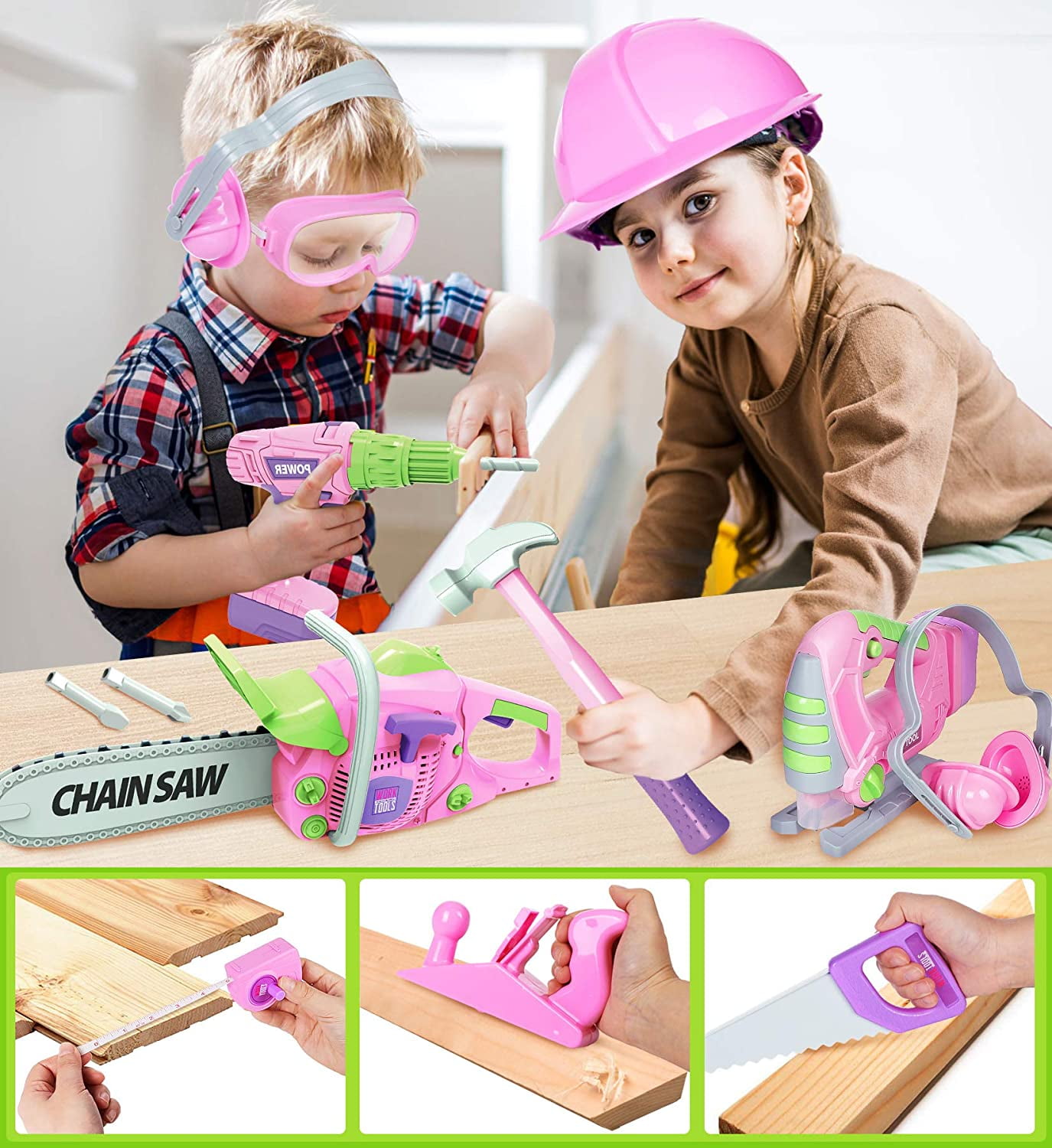 Exercise N Play Kids Tool Set with Electric Toy Drill Chainsaw Jigsaw Toy Tools for Kids Girl (Pink) - Image 4