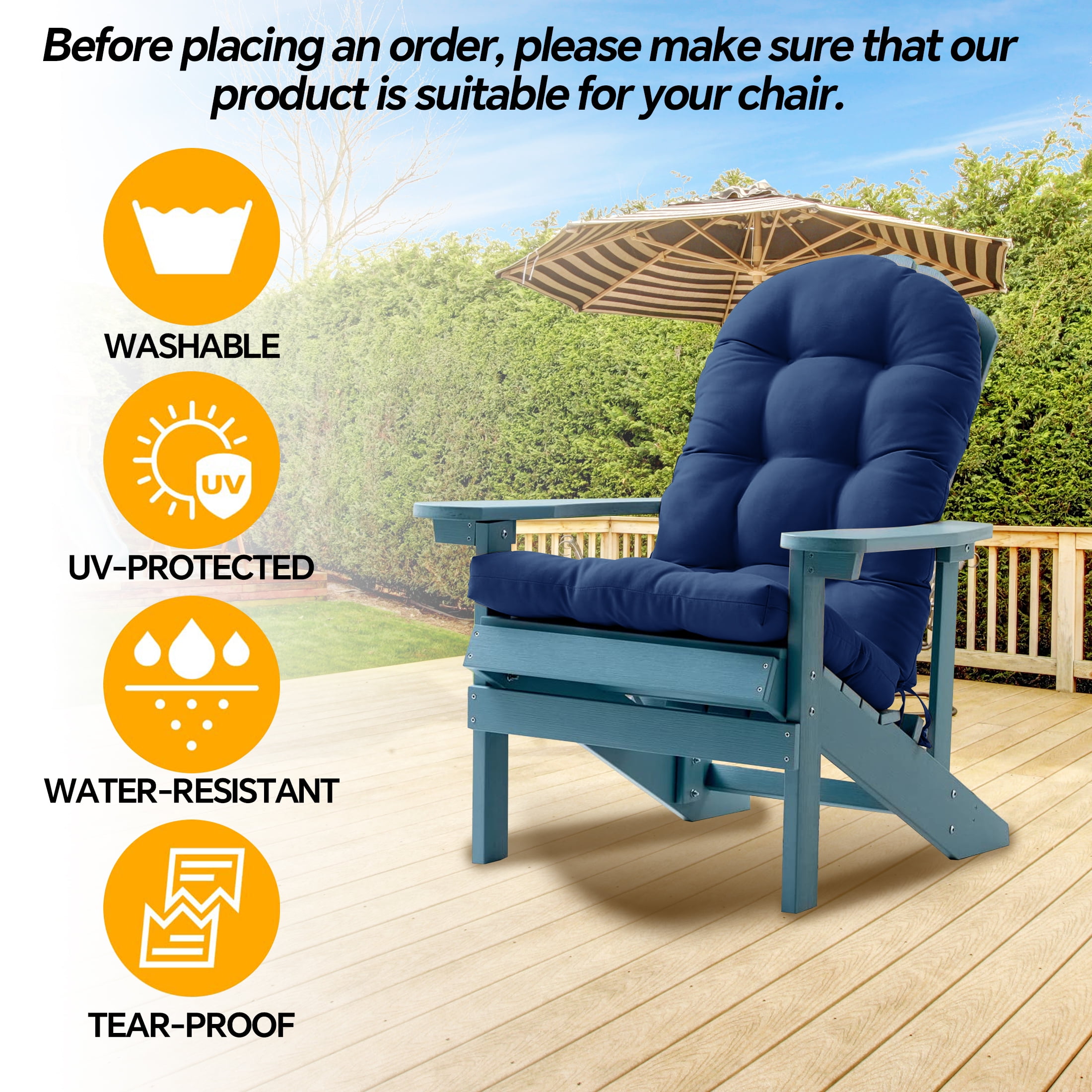 HioHa Adirondack Chair Cushion, 49x20x4.5 inch Patio Chair Cushion with Ties, Rocking Chair Pad Cushion Indoor/Outdoor with Sunproof Waterproof and Fade-Resistant(Blue, 2pc) - Image 4