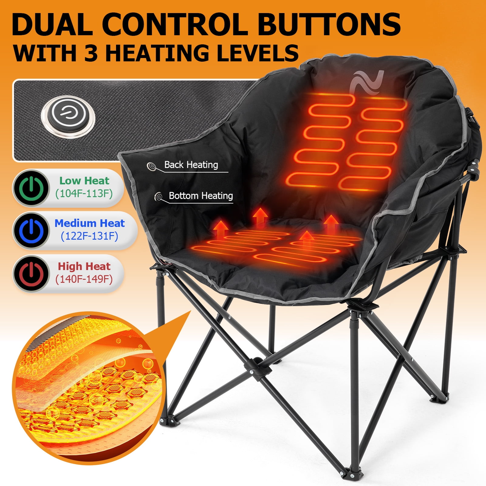 Slsy Oversized Heated Camping Chair, XL Padded Patio Lounge Chairs with 3 Heat Levels, Portable Folding Heated Chair Round Moon Saucer Folding Lawn Chair Outdoor Chair for Camping, Lounge Patio - Image 11