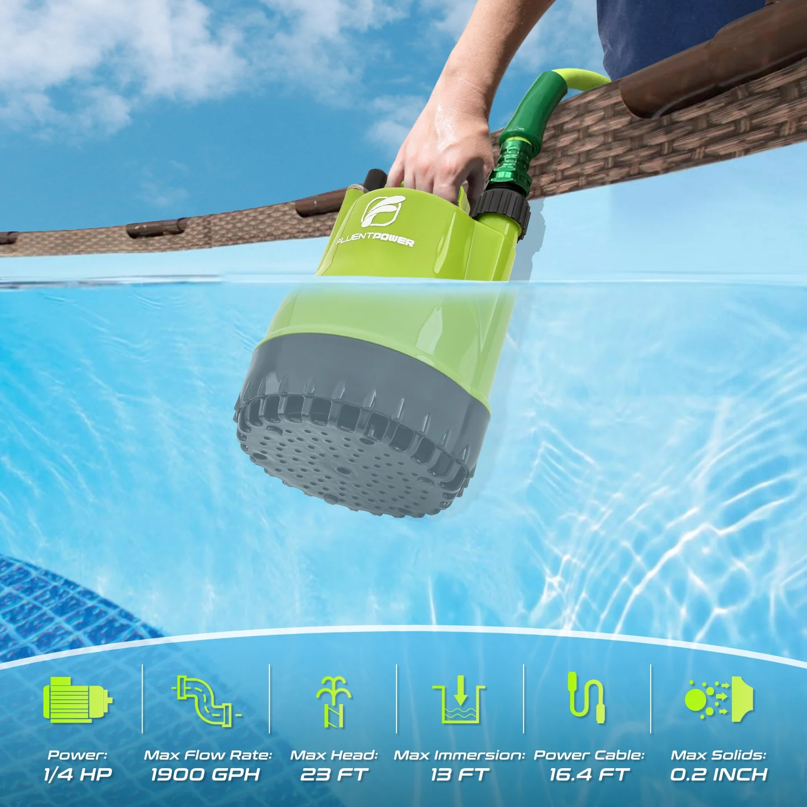 FLUENTPOWER 1/4HP Utility Pump 1900GPH Portable Submersible Sump Pump, Manual Control with 16.4 Ft Cord for Draining Water from Pool Pond Garden Hot Tub Basement Tankless Heater Liquids - Image 4