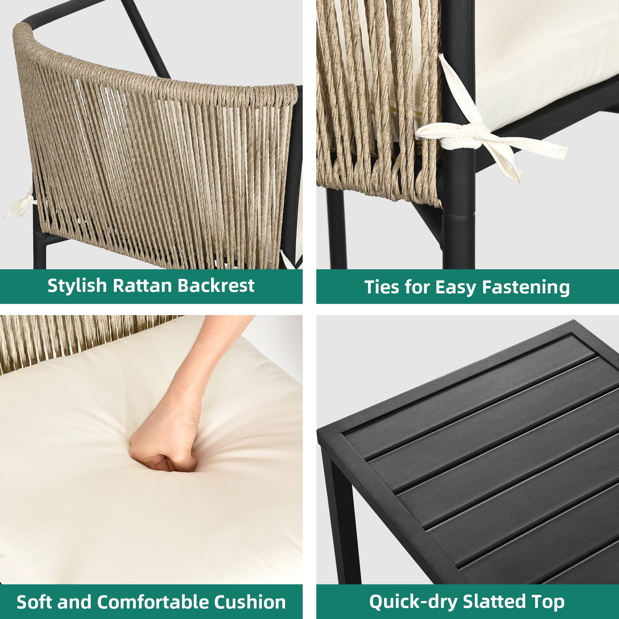 Dextrus 3-Piece Patio Conversation Bistro Set, Outdoor Wicker Dining Table Chairs Set, With 2 Stackable Chairs, Cushions, Side Table - Beige - Image 6