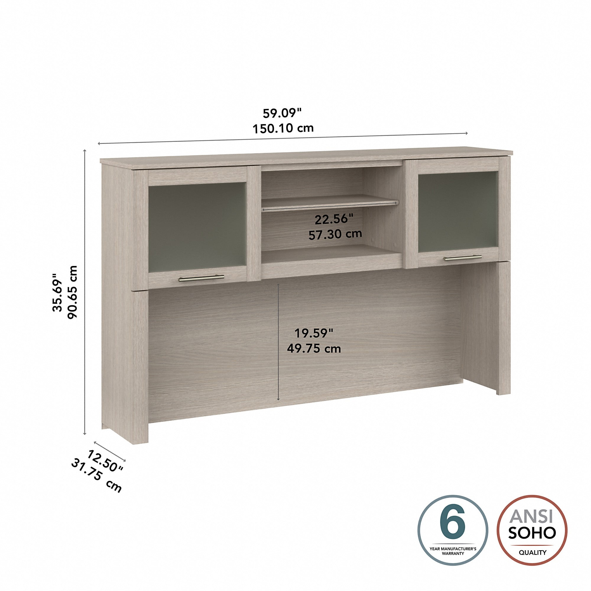 Somerset Modern 60W Desk Hutch with 2 Frosted Doors in Sand Oak (Desk Sold Separately) - Image 3
