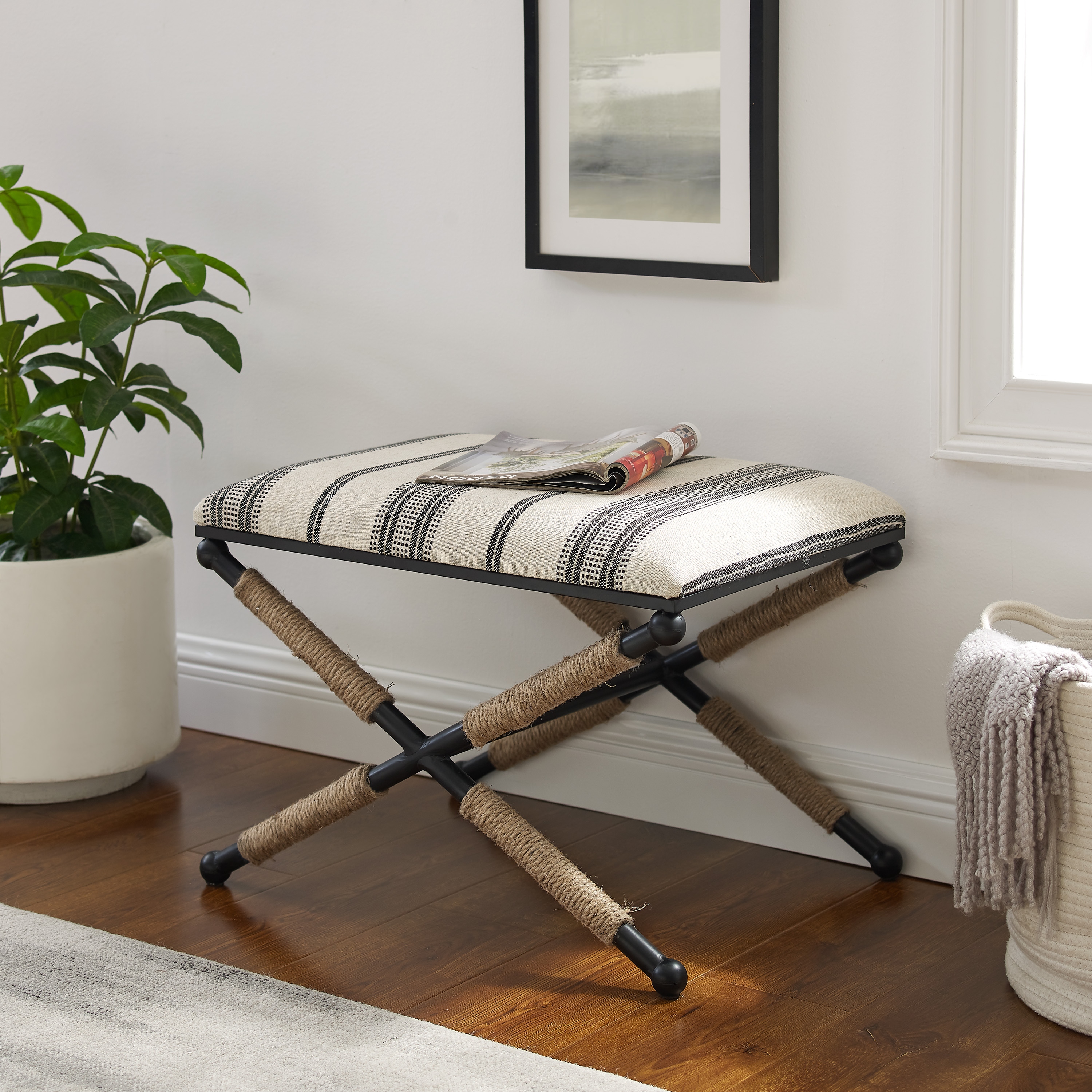 Linon Brewster Indoor Stool Ottoman, Black and Neutral - Image 4