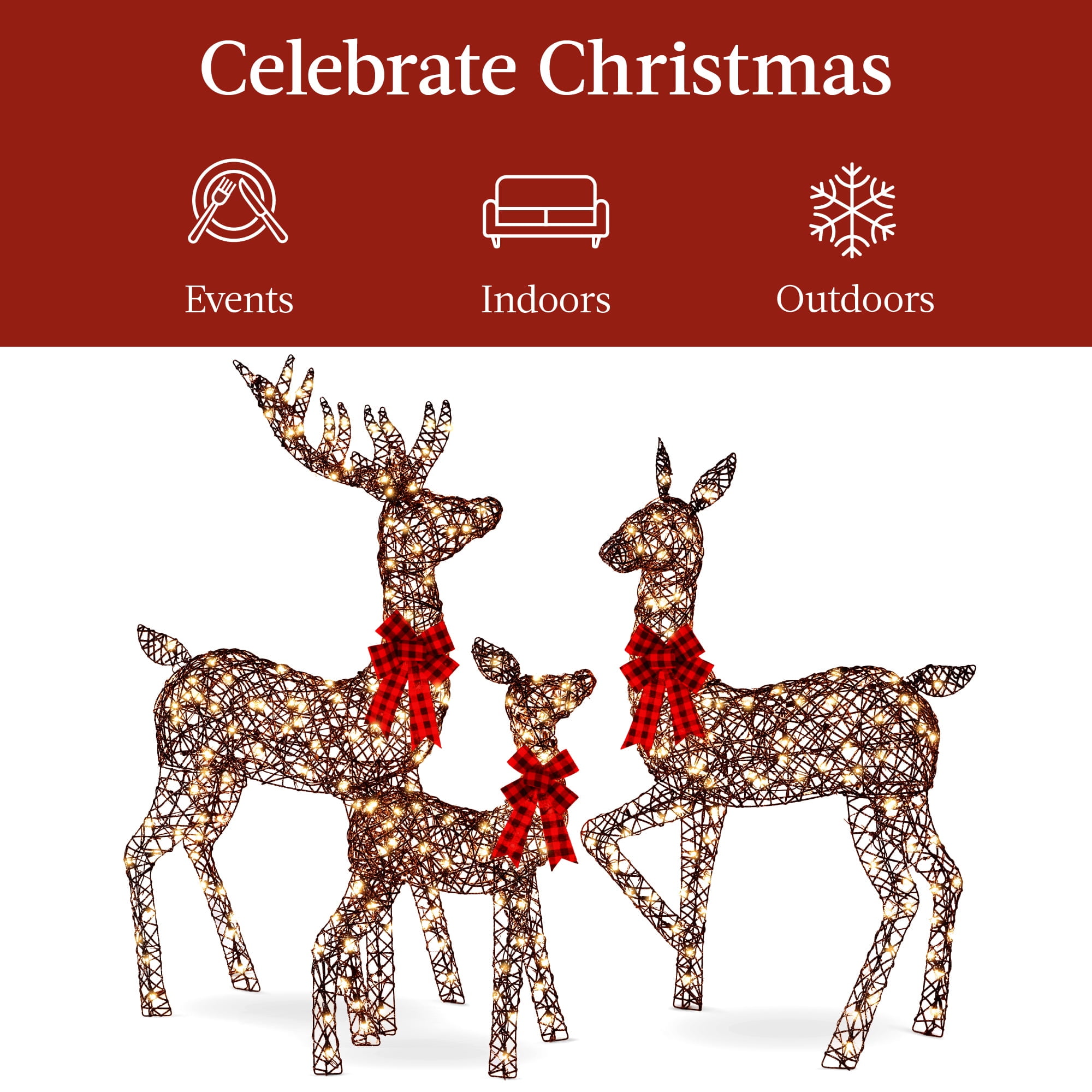 Best Choice Products 3-Piece Lighted Christmas Deer Set Outdoor Yard Decoration w/ 360 LED Lights, Stakes - Rattan - Image 3