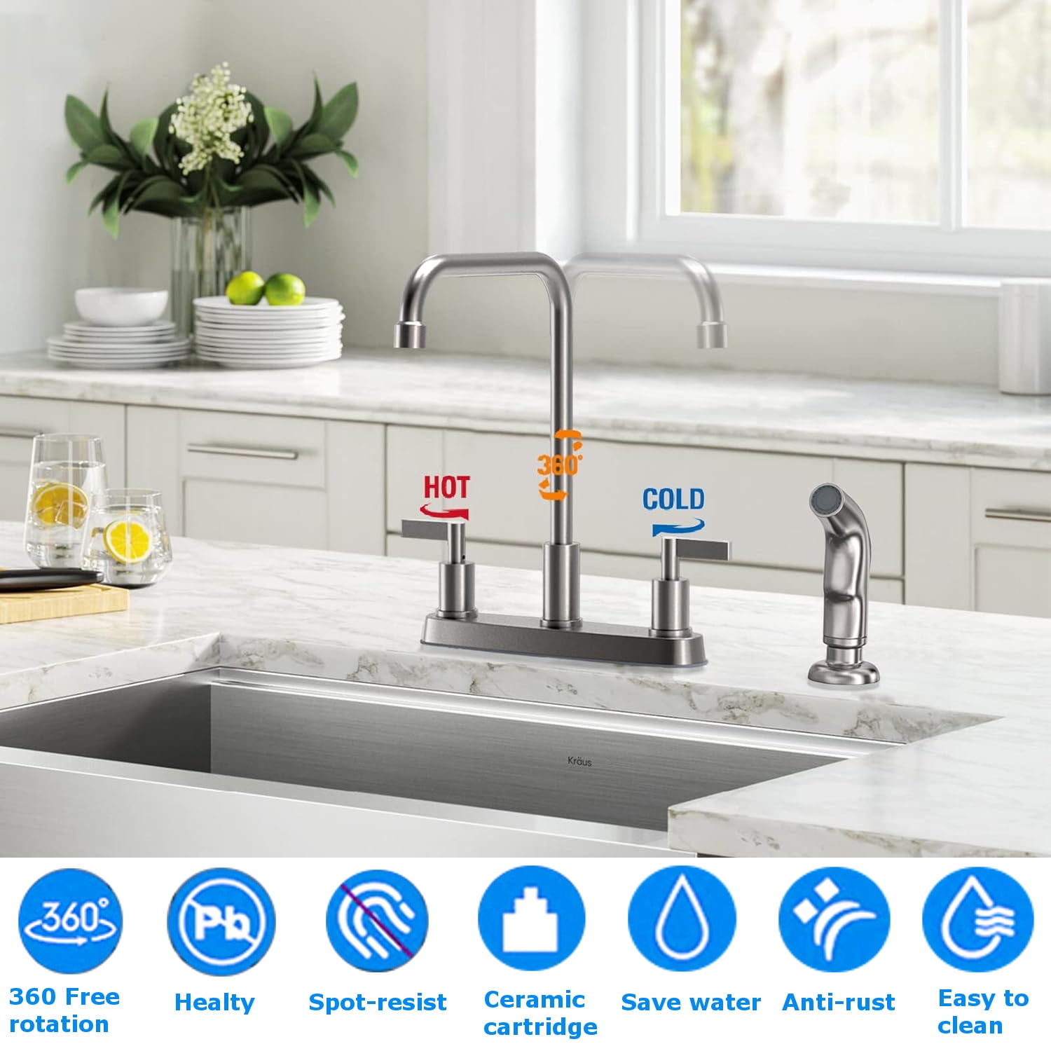 GOWIN - Kitchen Faucet with Sprayer,Brushed Nickel Kitchen Sink Faucet,3 Hole or 4 Hole Faucet for Kitchen Sink,Stainless Steel 2 Handle Kitchen Faucet with Side Sprayer,4 Hole Kitchen Faucets - Image 4