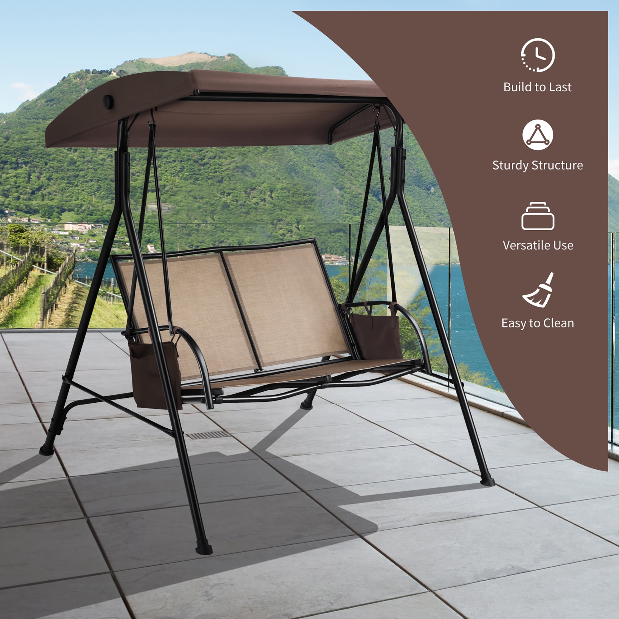 Costway 2 Seat Patio Porch Swing with Adjustable Canopy Storage Pockets Brown - Image 10