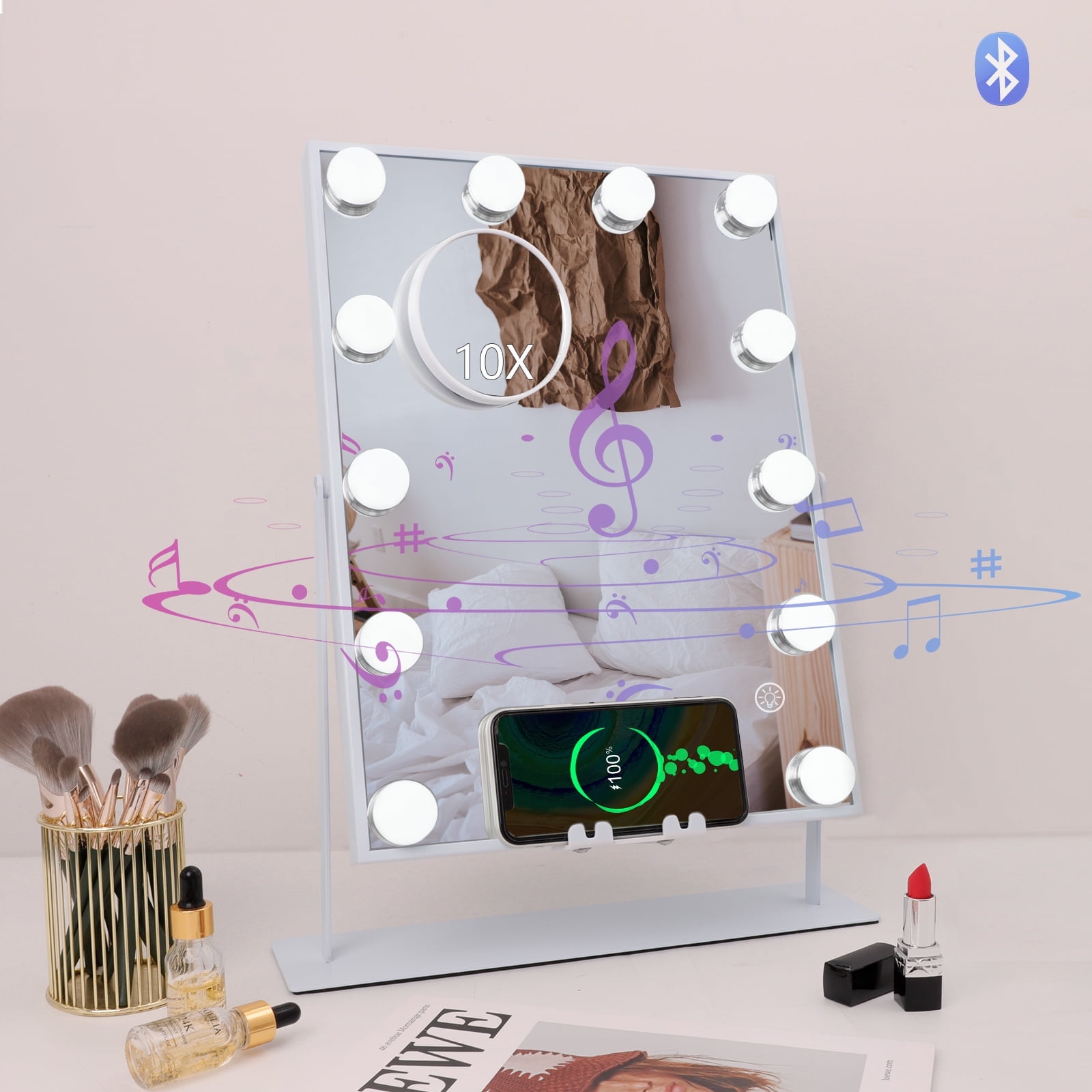 Fenchilin Vanity Makeup Mirror with Lights Bluetooth Wireless Charging Tabletop Metal White - Image 4