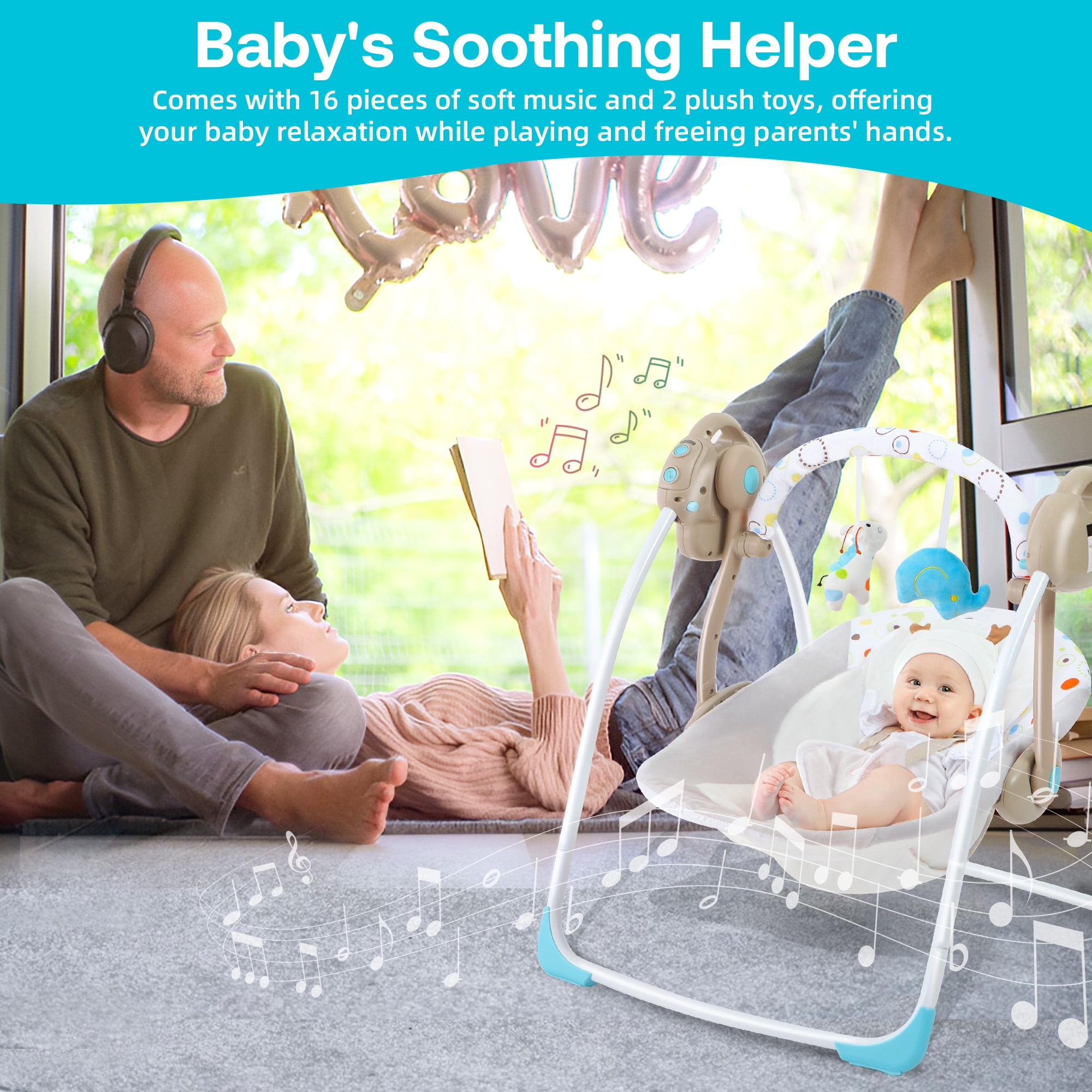 Yadala Baby Swing, Foldable Baby Swing for Infants with Adaptable Speeds, Music, 0-9 Months, Khaki - Image 6