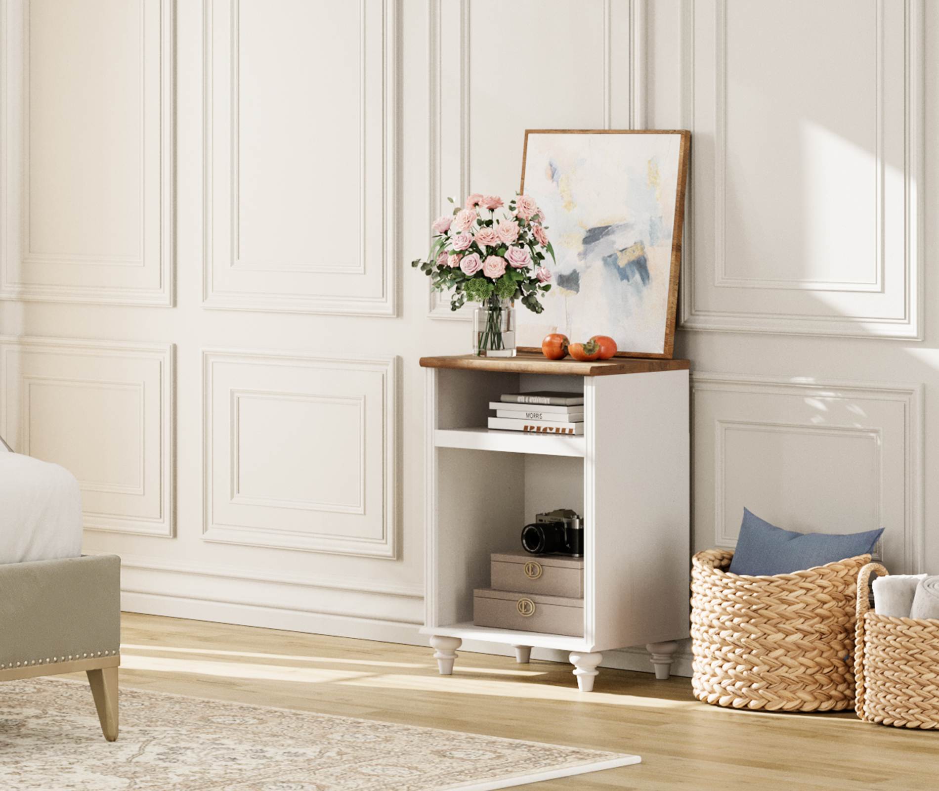 White Wooden Nightstand Side Table with 2 Storage Spaces, Ideal for Living Room, Tall Farmhouse Style Bedside Table for Bedroom - Image 3