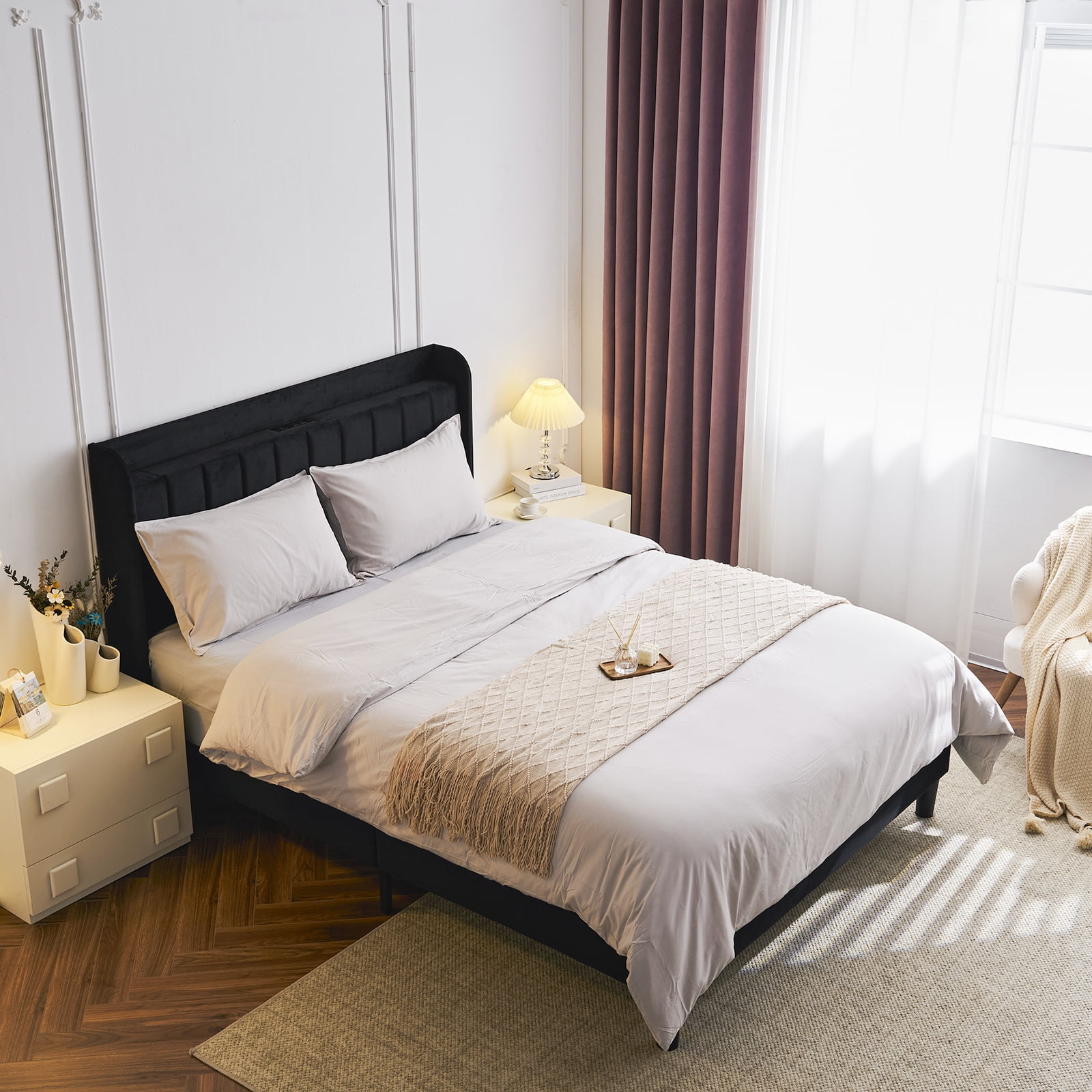 Ktaxon Full Platform Bed Frame with USB Charging, Upholstered Bed, Wingback Headboard/No Box Spring Required/Wood Slat Support/Easy Assembly/Black - Image 10