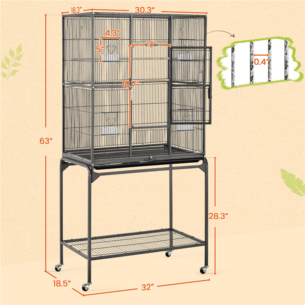 Alden Design 63"H Large Rolling Metal Parrot Bird Cage with Stand for Small Animal, Black - Image 3