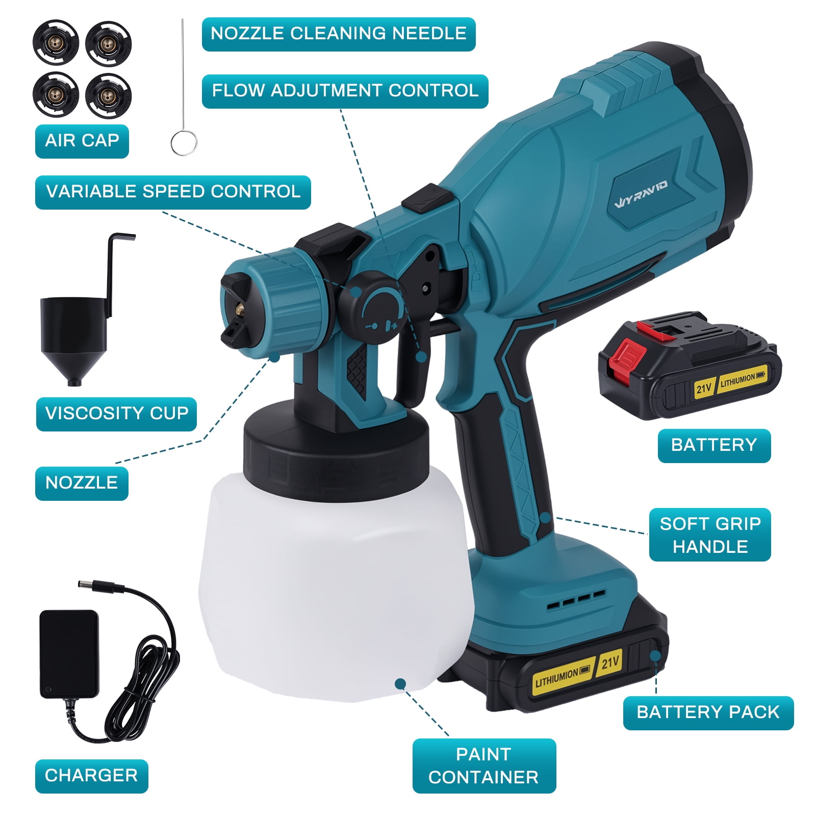 WYRAVIO Cordless Paint Sprayer, Electric HVLP Powerful Spray Gun with 3 Spray Patterns and Adjustable Valve Knob for Painting Ceiling, Fence, Cabinets, Walls - Image 7