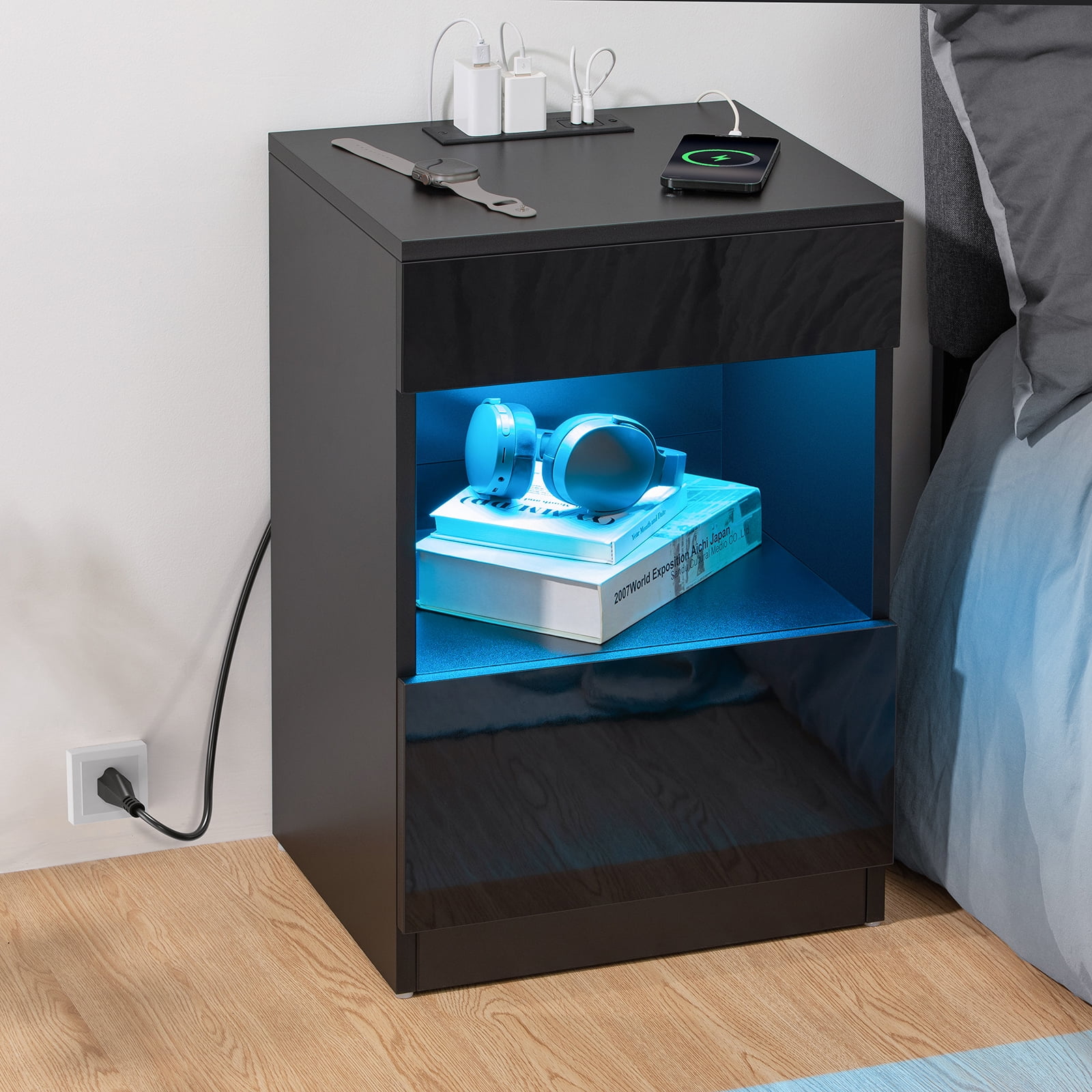 Hommpa Nightstand with Charging Station Nightstands with 2 Drawer Open Shelf Nightstands Black Nightstands High Gloss LED End Table Nightstands for Bedroom Living Room Furniture 23.6" Tall - Image 8
