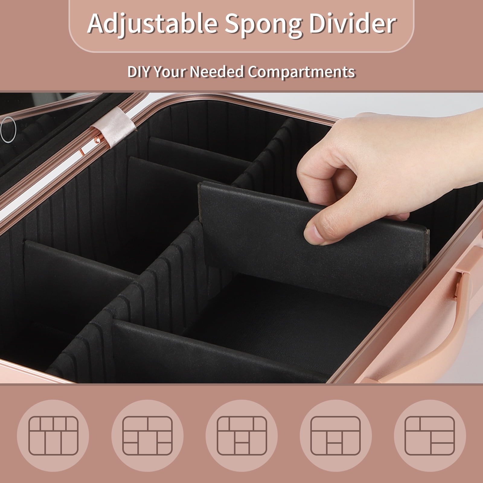 ZXMT 15" Pink Makeup Train Case with Mirror & Light & Jewelry Organizer Cosmetic Case Box with Brushes Board - Image 5