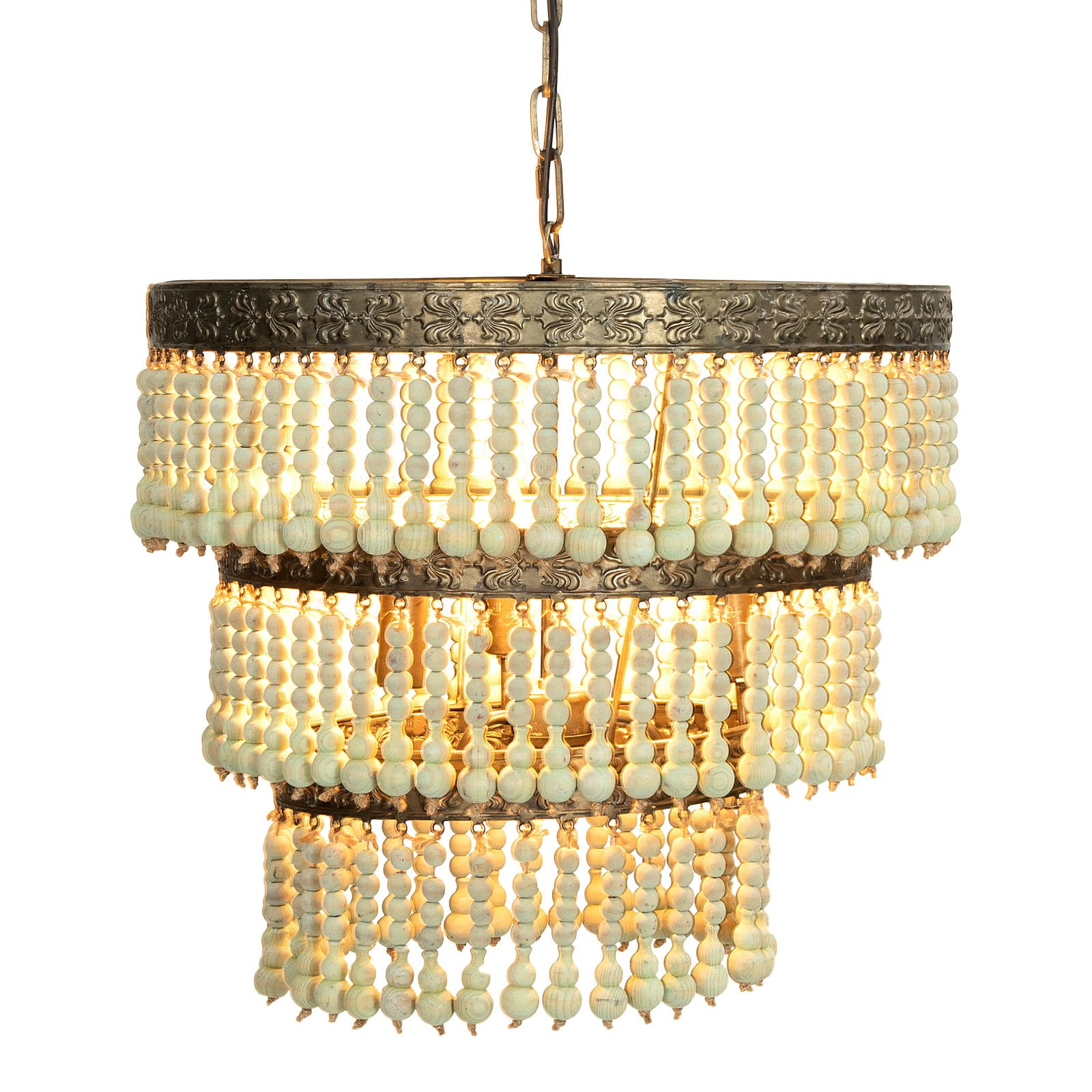 Creative Co-Op 3-Tier Round Metal Chandelier with 3 Lights & Hanging Wood Beads - Image 7