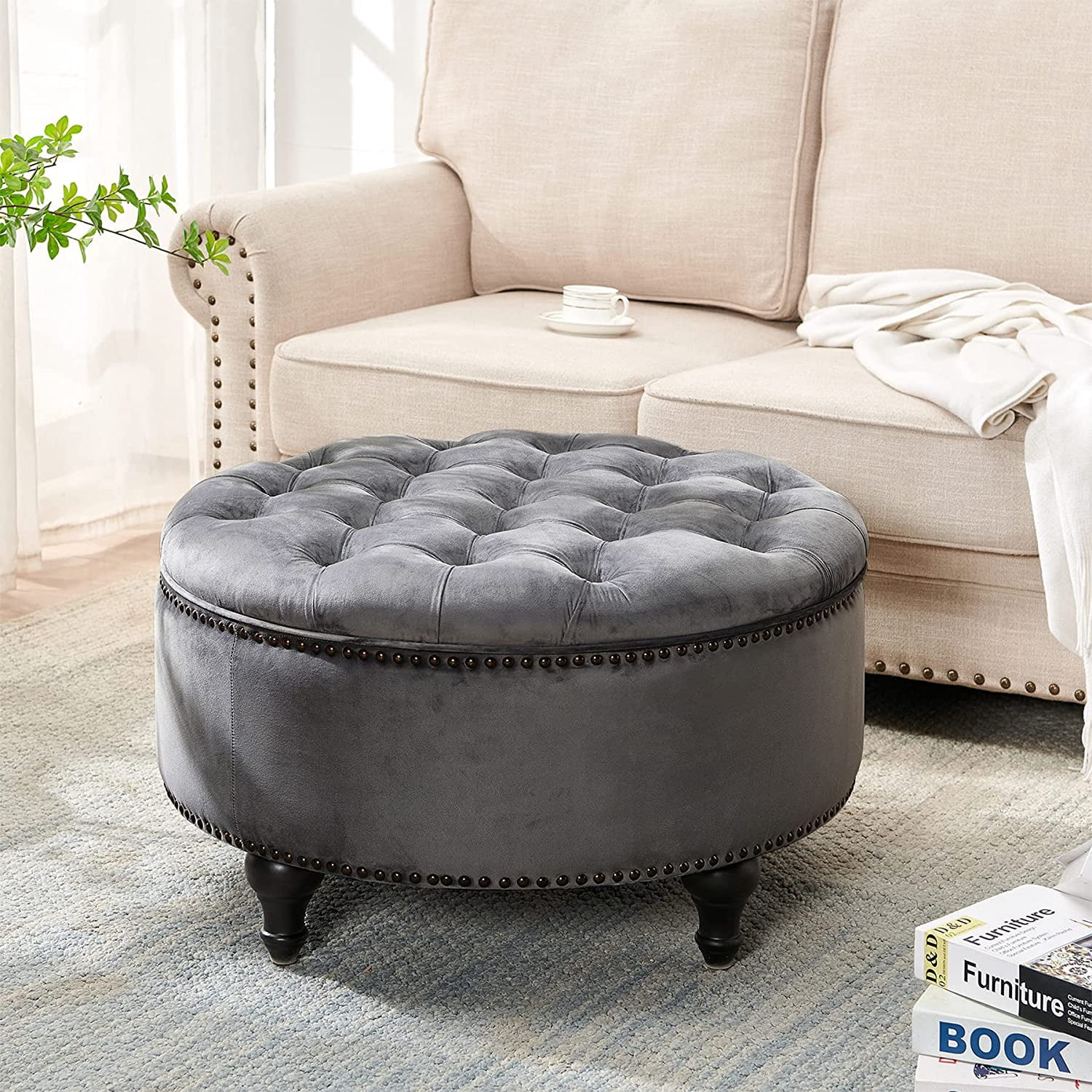 Upholstered 30" Round Storage Button Ottoman, Nail Head Tufted Seating, with Removable Lid Dark Grey - Image 6