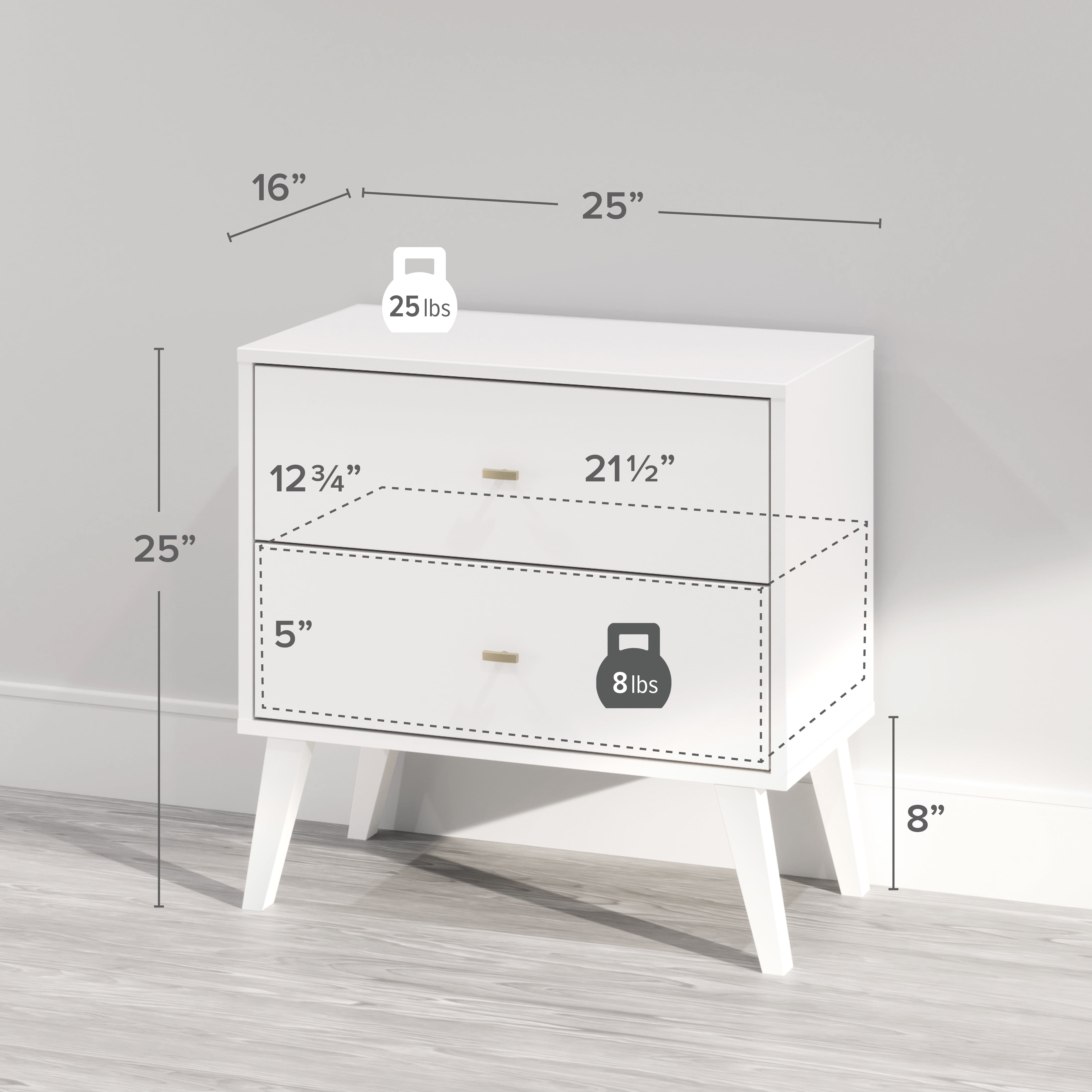 Prepac Milo Mid-Century Modern 2-Drawer Nightstand, 16"D x 25"W x 25"H, White - Image 4