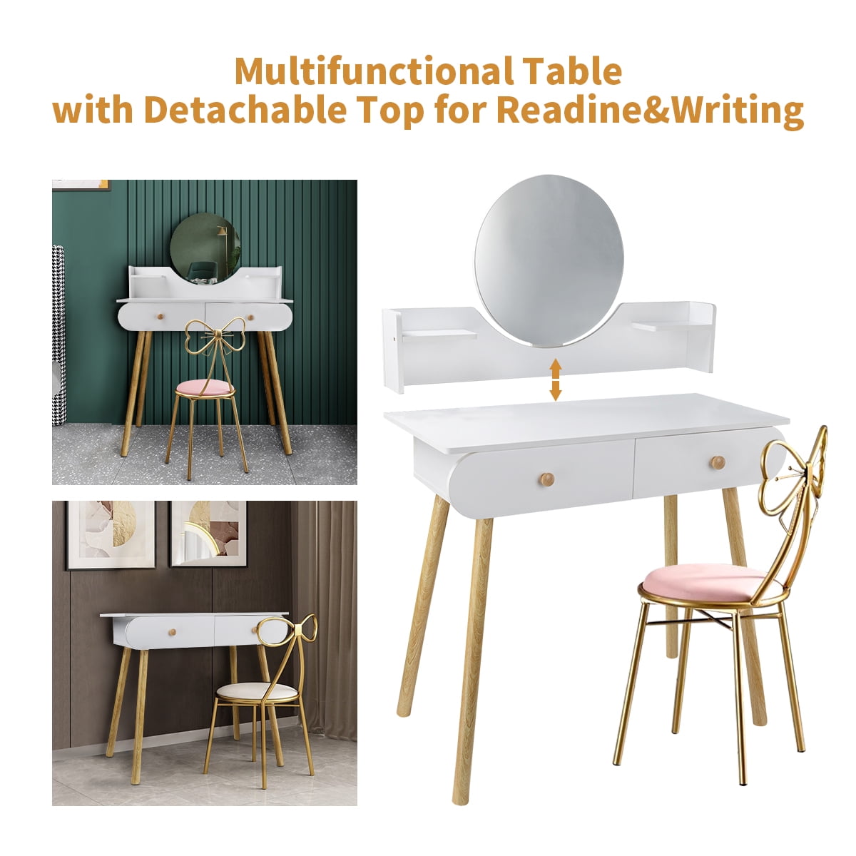 Liyufly Modern White Vanity Desk with Mirror, Solid Wood Makeup Vanity Dressing Table for Women Girls (Without Stool and LED) - Image 8