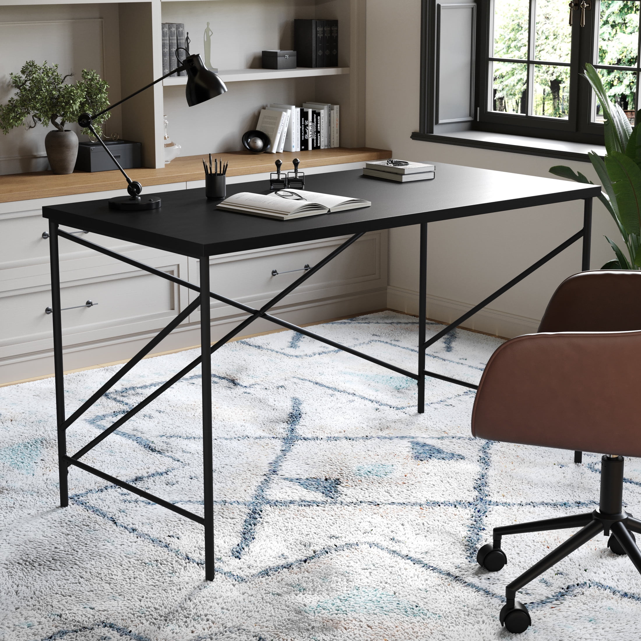 Martha Stewart Maddox Home Office Parsons Desk in Black Wood Grain with Oil Rubbed Bronze Metal X-Frame - Image 3