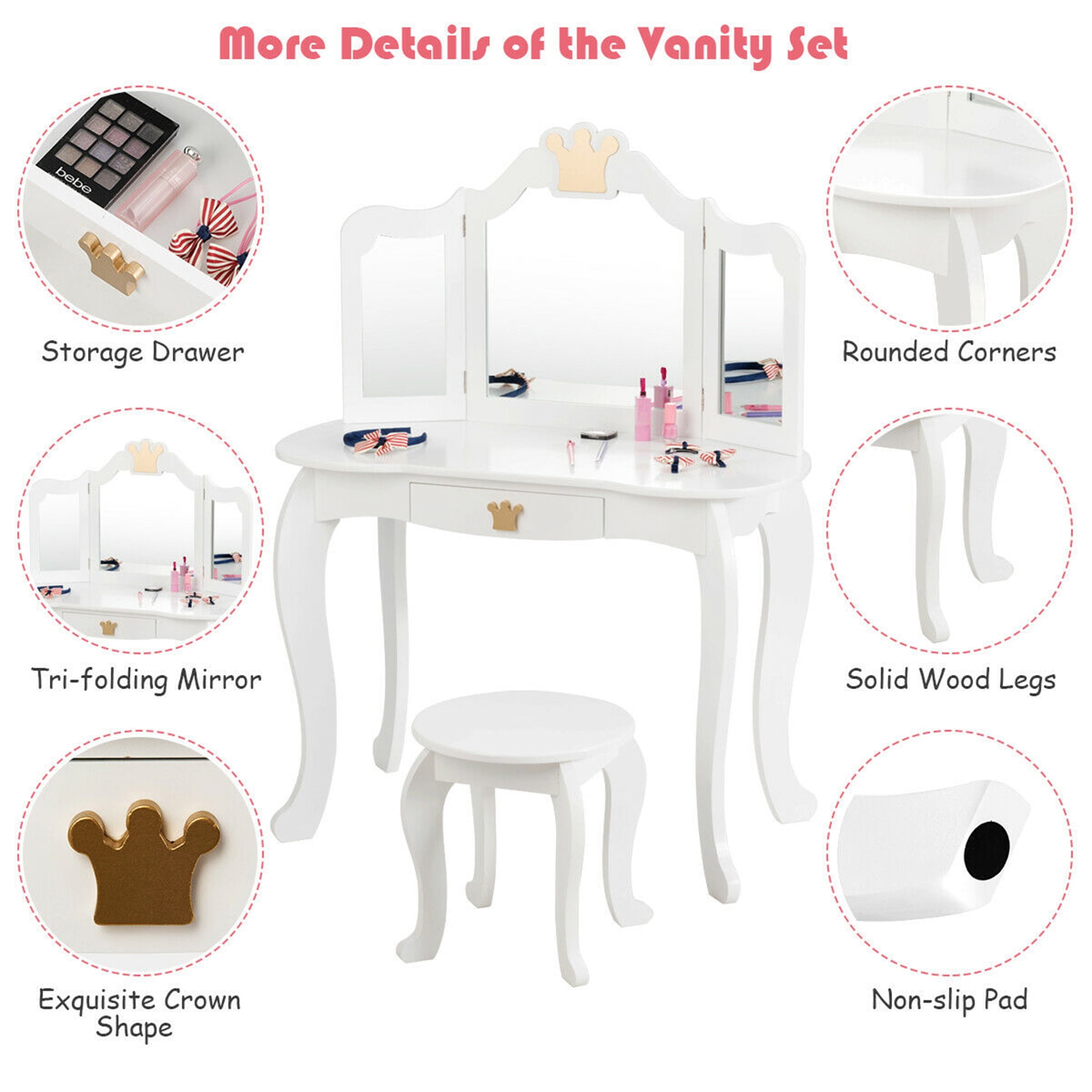 Gymax Kids Makeup Dressing Table Chair Set Princess Vanity & Tri-folding Mirror White - Image 10