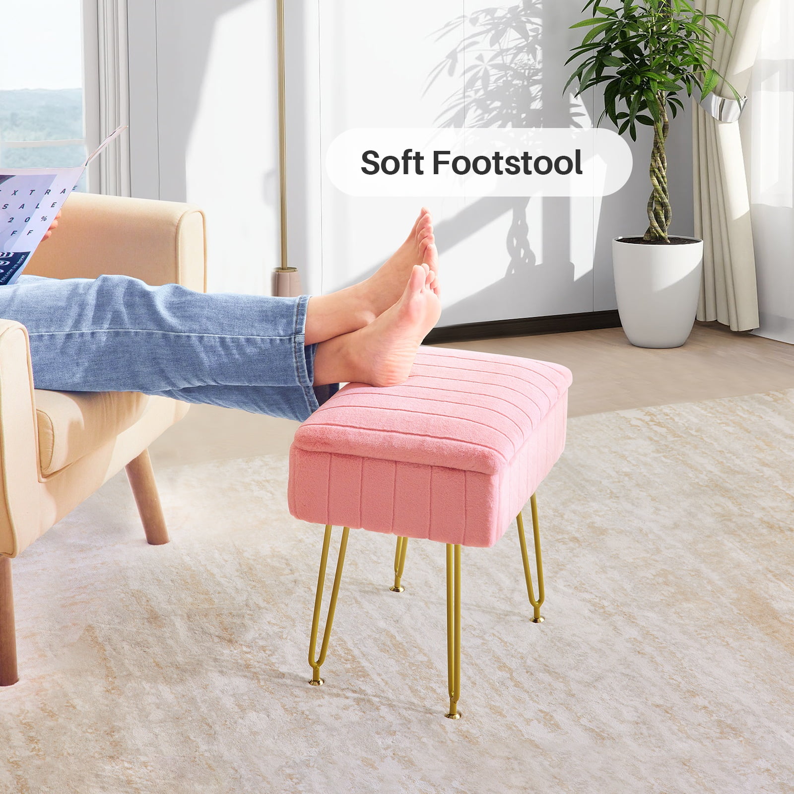 Redlife Vanity Stool Chair with Storage Faux Fur Makeup Ottoman Small Dresser Chair for Bedroom - Image 7