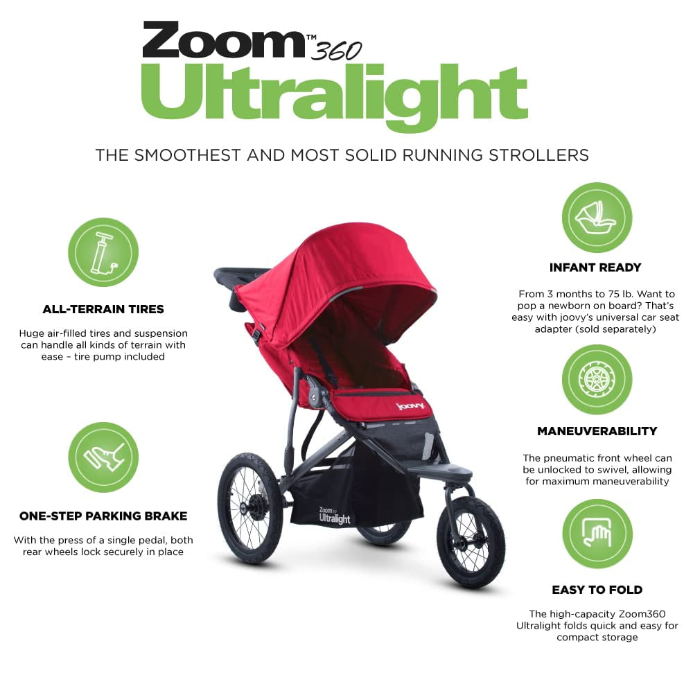 joovy Zoom 360 Ultralight Jogging Stroller, Red - Image 2
