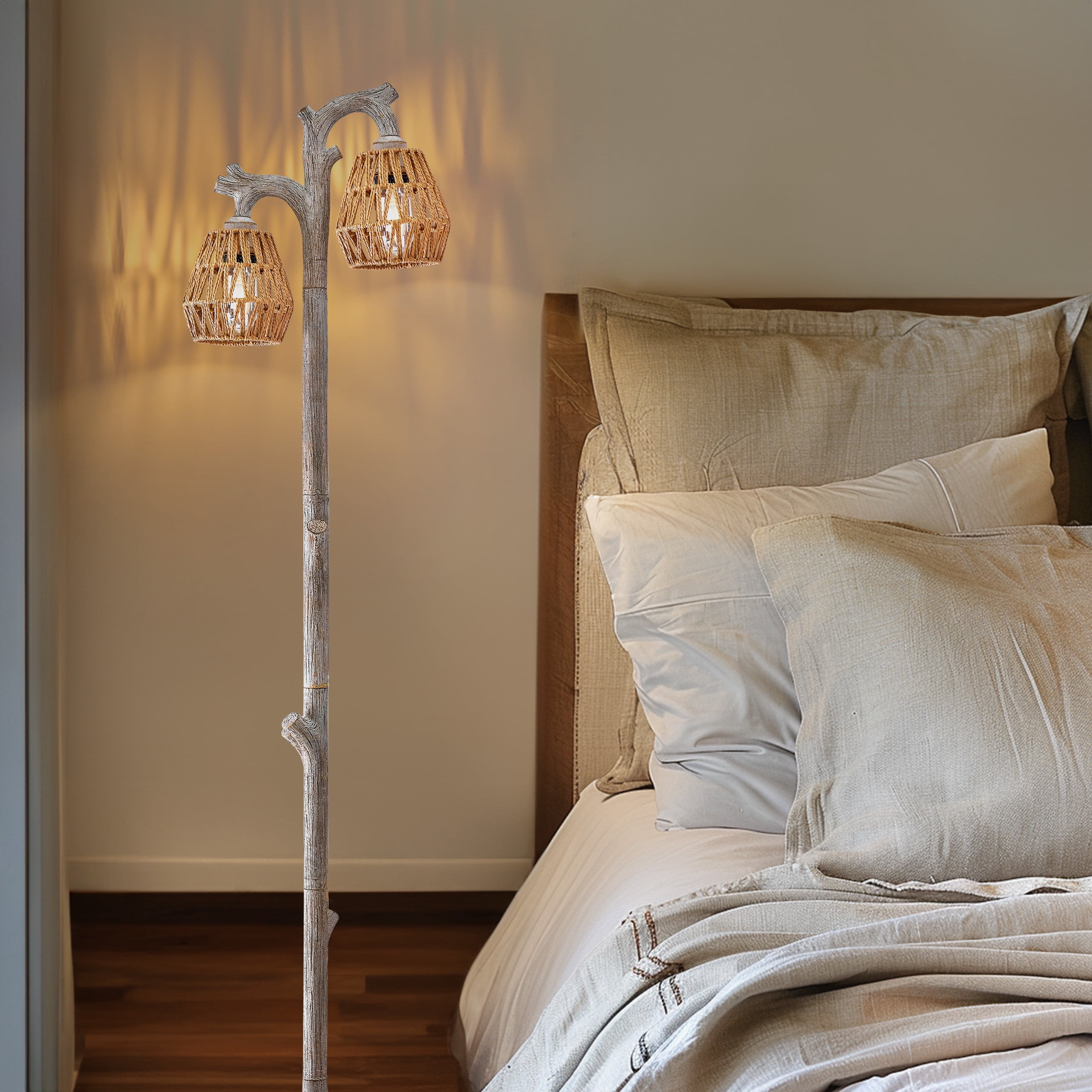 Oneach 62.25" Farmhouse Floor Lamp for Living Room with Rattan Lamp Shade,Retro Tree Trunk Deco Standing Lamp with Double Lamp Head for Bedroom,Office,Decor,Lighting - Image 8