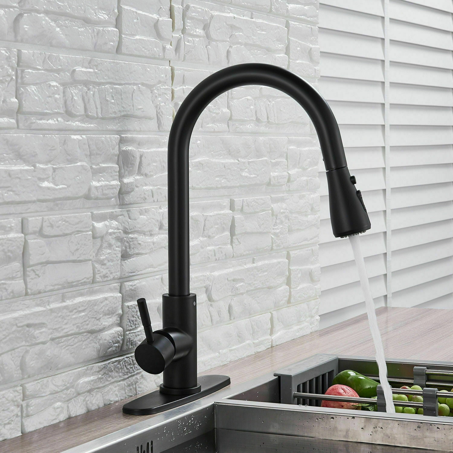 Zovajonia Matte Black Touch On Kitchen Sink Faucet Pull Down Sprayer Swivel Tap W/Plate - Image 2