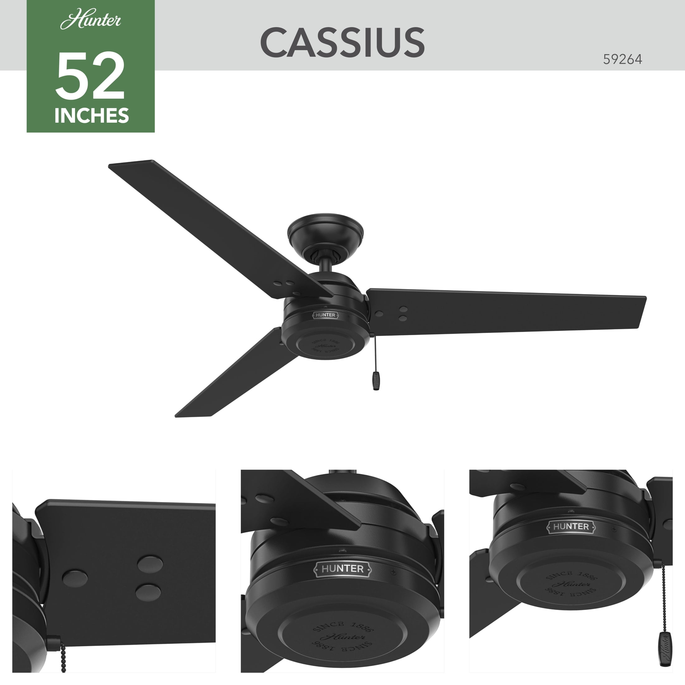 Hunter 52 inch Outdoor or Indoor Ceiling Fan No Light - Black Ceiling Fan without Light, For Patio, Porch, Garage, or Living Room, Standard Mount, 3 Blades, Pull Chain - Cassius 59264, Matte Black - Image 6