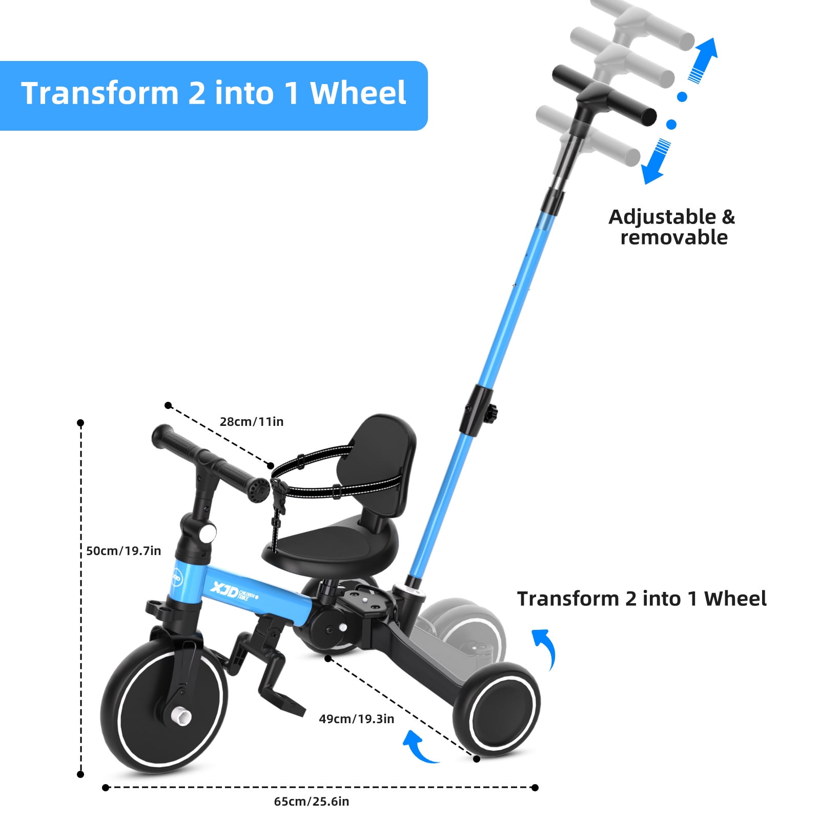 XJD 7-in-1 Toddler Bike with Push Handle for 1 Year to 4 Years Old Kids, Toddler Tricycle Kids Trikes Tricycle, Gift & Toys for Boy & Girl, Balance Training, Removable Pedals,Blue - Image 7