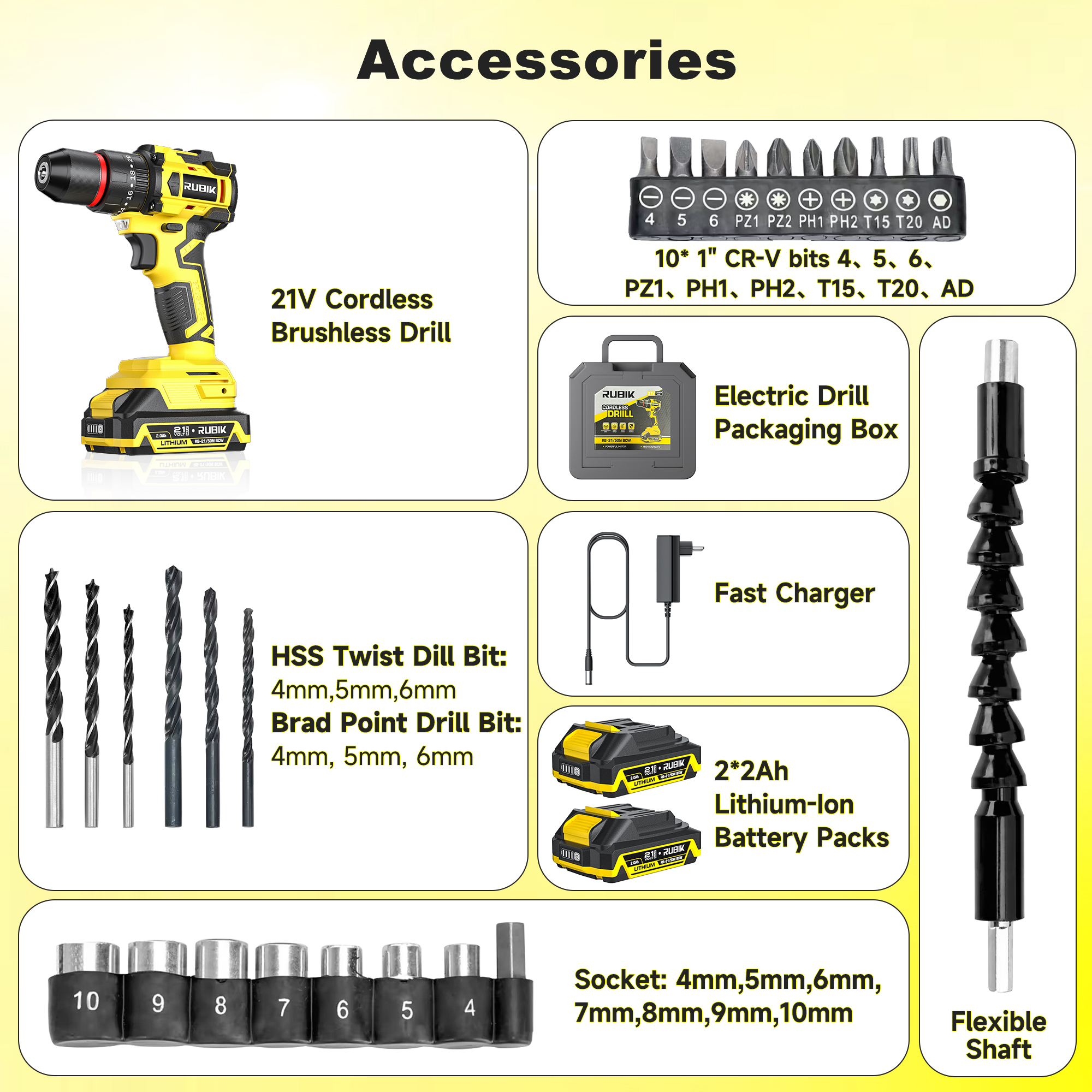 RUBIK Brushless 21V Cordless Drill Driver Kit - Max 50Nm Impact Drill, 2x 2000mAh Batteries, 3/8” Keyless Chuck & LED Light, 450 In-lb Torque, 20+3 Clutch, 2-Variable Speed and Fast charge - Image 8
