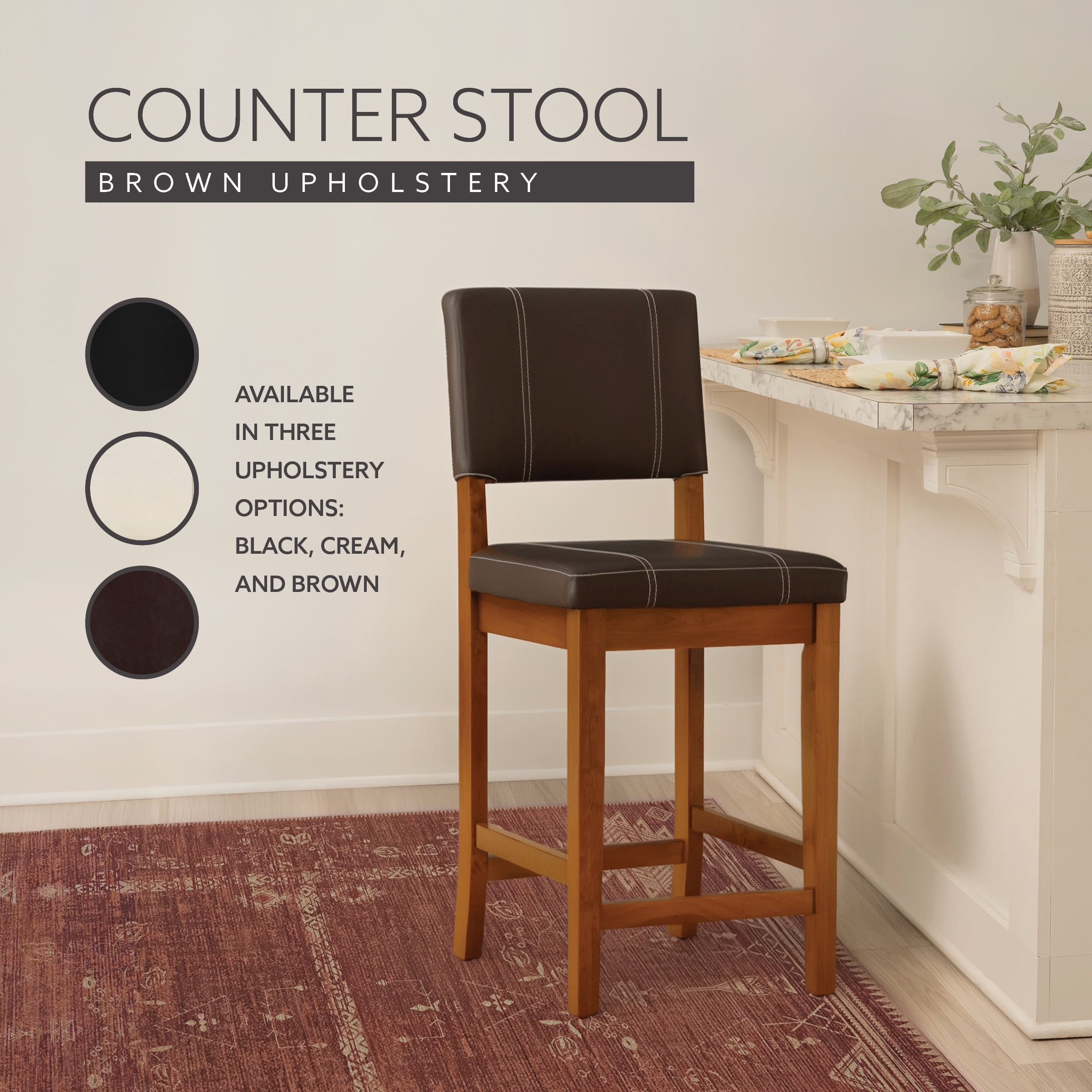 Linon Milano 24" Mid Back Indoor Upholstered Counter Stool, Medium Walnut/Dark Brown Faux Leather - Image 12
