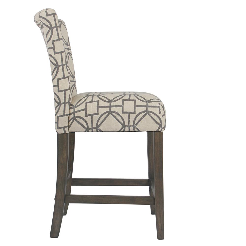 Wooden 24 Inch Counter Height Stool with Trellis Pattern Fabric Upholstery Cream and Gray - Saltoro Sherpi - Image 7