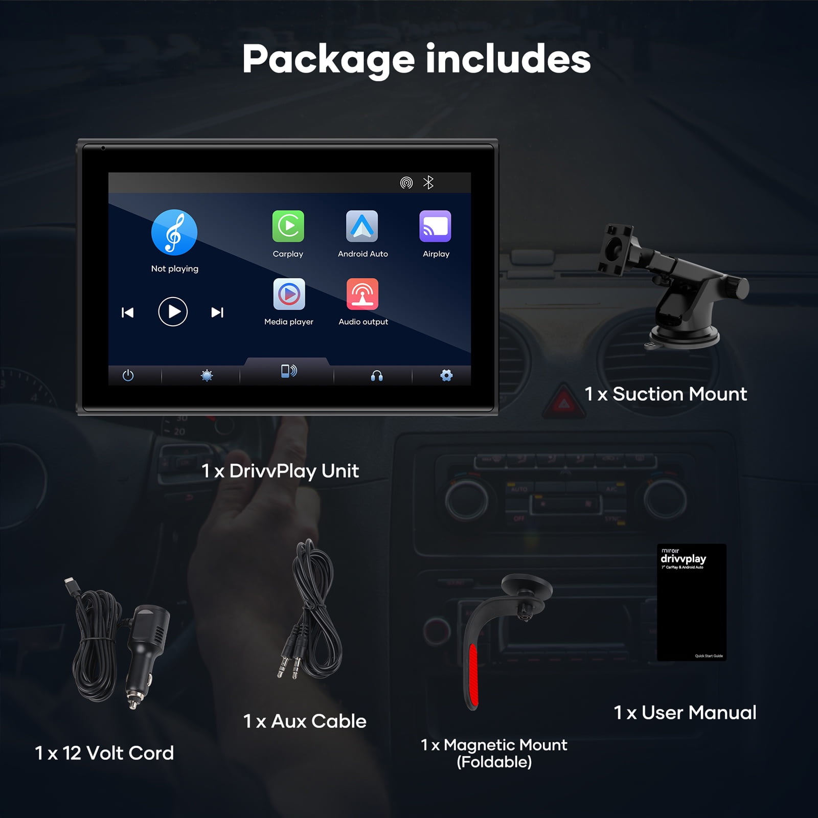 Miroir Drivvplay, Wireless Car Play and Android Auto Display, 7" Touch Screen - Image 2