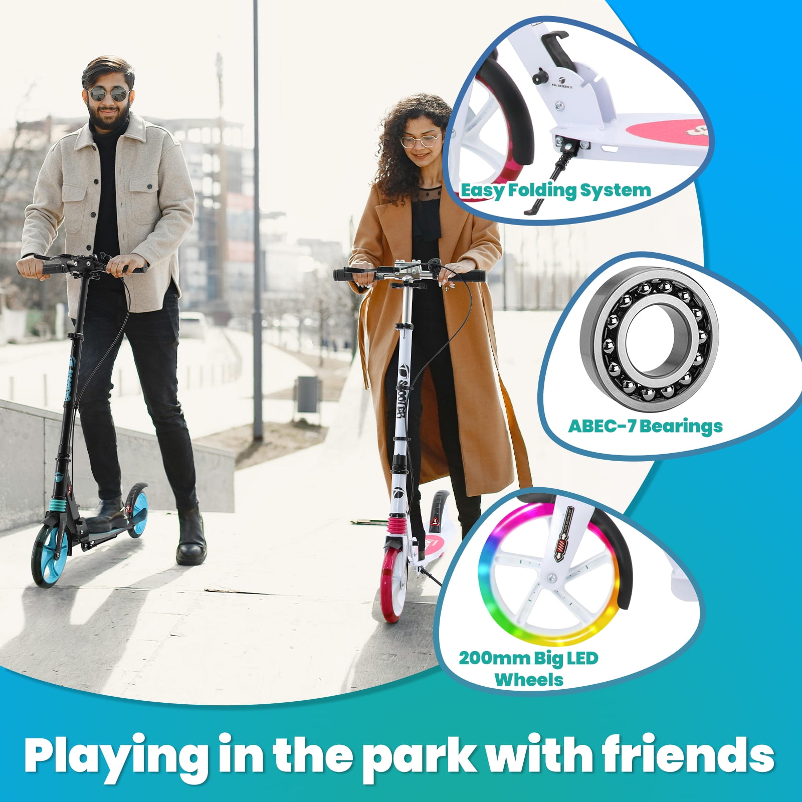 TENBOOM Scooter for Ages 8+ Teens and Adults Kick Scooter Foldable with Double Braking System Bells Adjustable Handlebars Kickstand Max Load 220 LBS 8" Big Wheels - Image 7