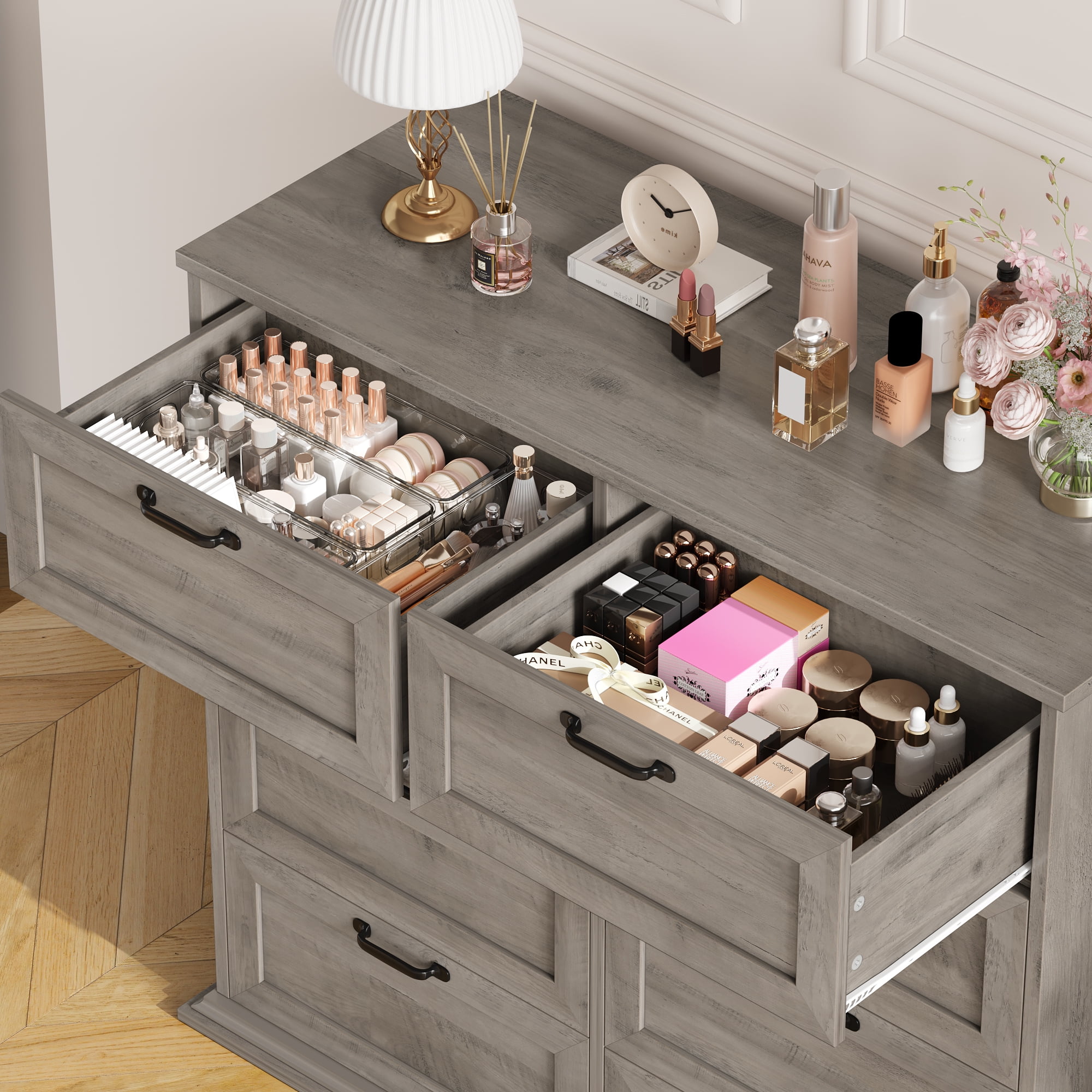 Homfa Horizontal 8 Drawer Dresser, Wood Storage Cabinet Double Dresser for Bedroom Living Room, Gray - Image 6