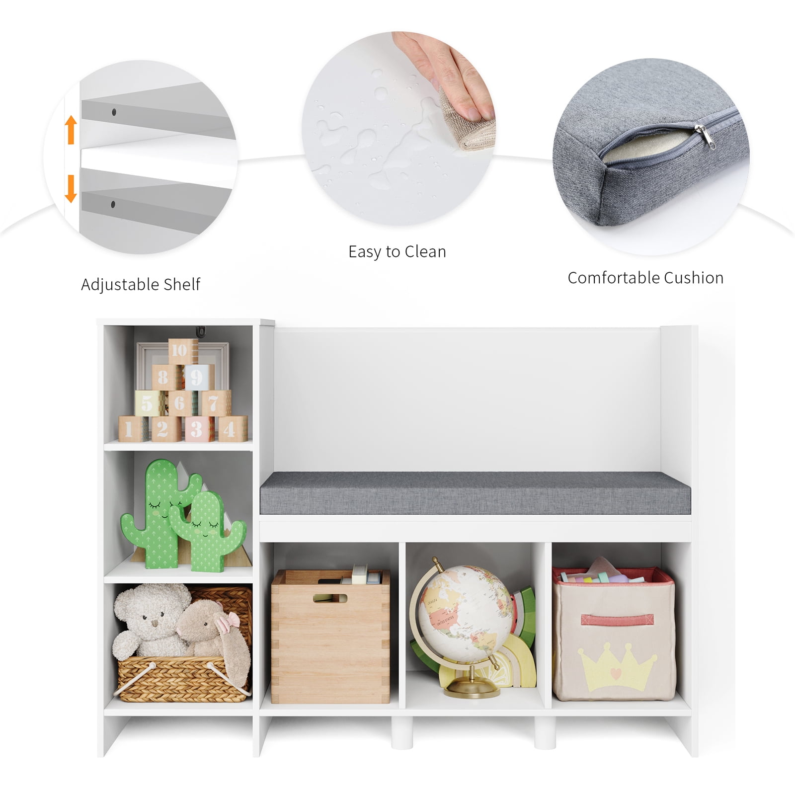 Homfa 6 Storage Cube Organizer, Open Toy Display Bookshelf with Seat for Kids Room, White Finish - Image 2