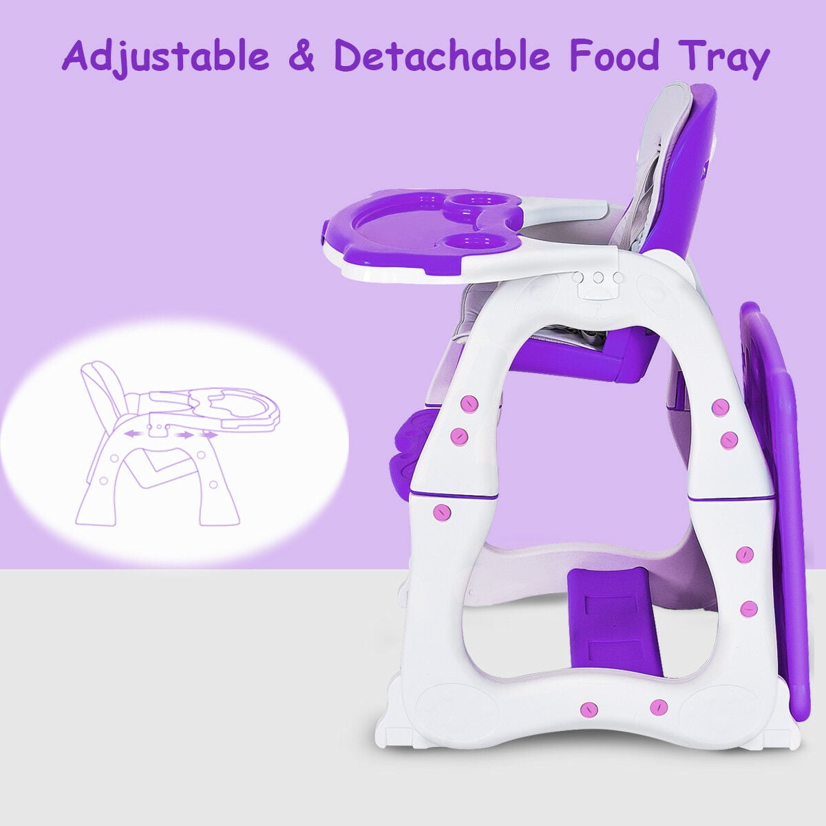 Costway 3 in 1 Baby High Chair Convertible Play Table Seat Booster Toddler Feeding Tray Purple - Image 6