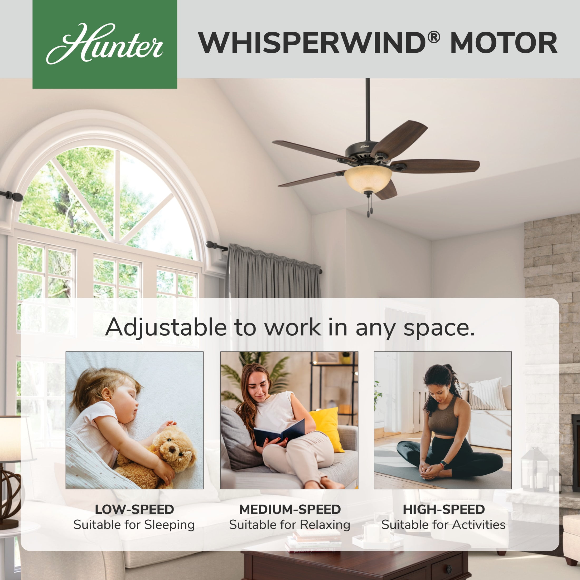 Hunter - Builder Indoor Ceiling Fan With Light, 52-inch, New Bronze, Traditional-style, 3-speed WhisperWind Motor, 53091, for living rooms, bedrooms, home offices, kitchens - Image 2