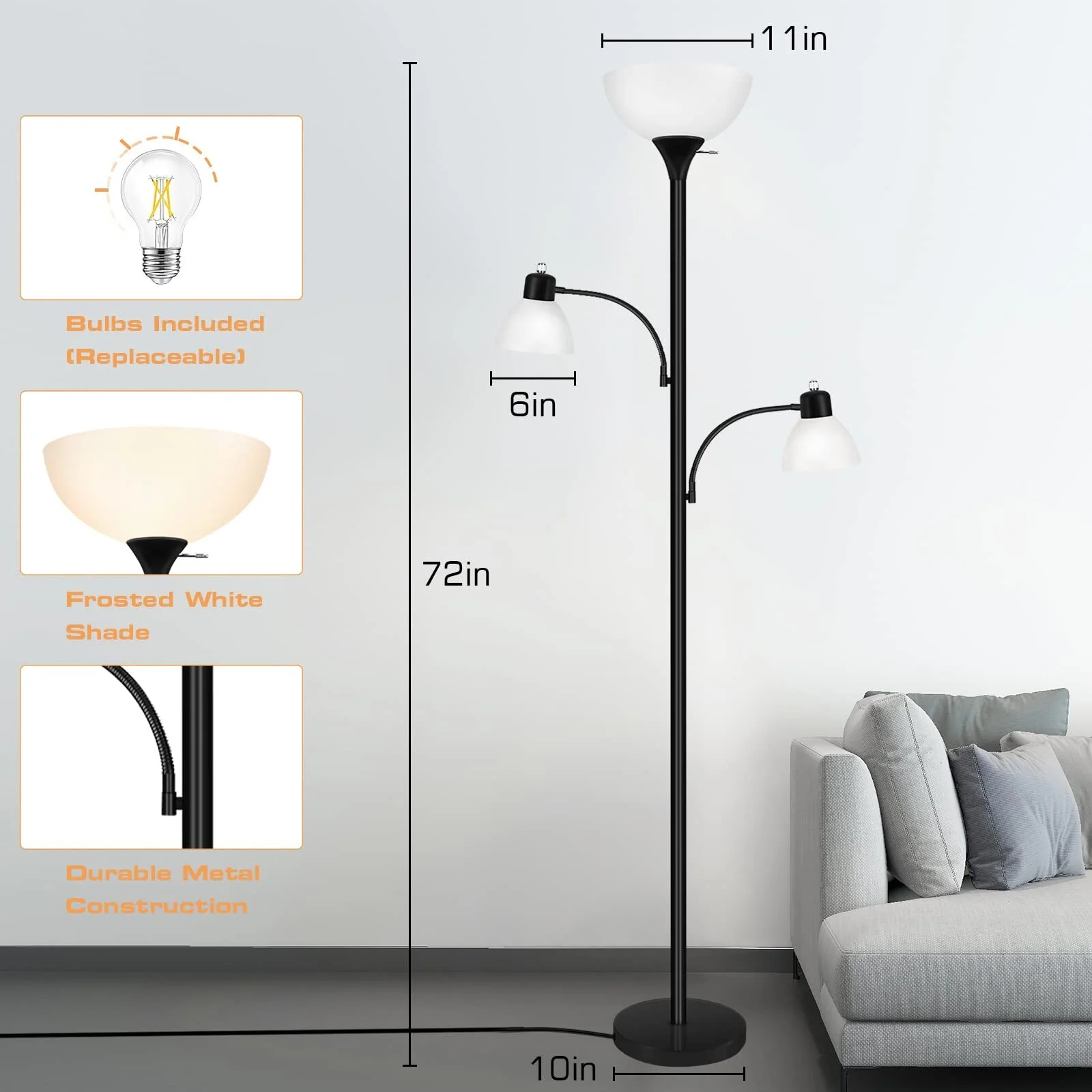 NATYSWAN Floor Lamps for Living Room,Torchiere Floor Lamp with 8W Adjustable Reading Lights, Morden Tall Lamps for Living Room, Bedroom, Office, 3 Bulbs Included - Image 7