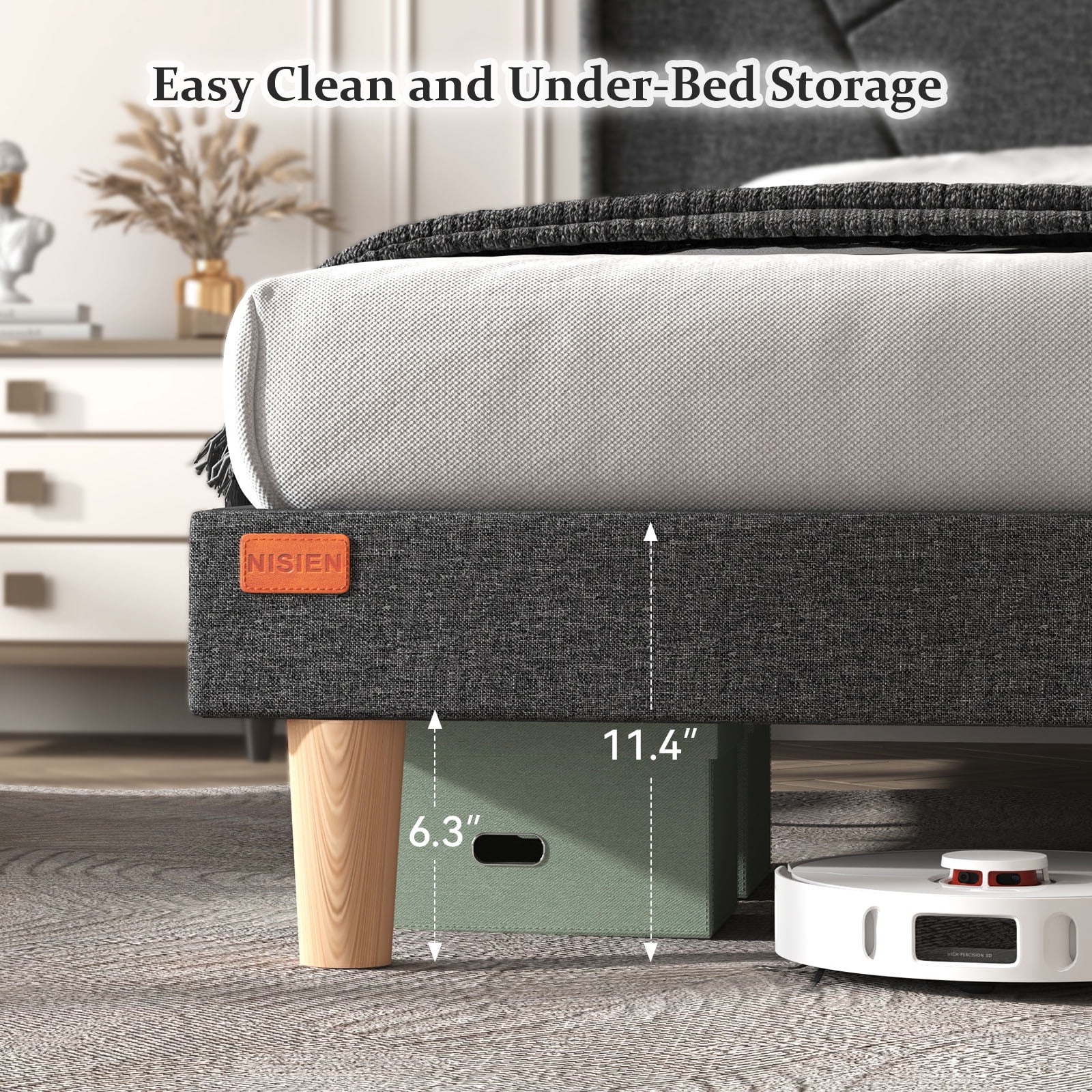 NISIEN Queen Bed Frame with Charging Station, Upholstered Platform Bed with Wingback Storage Headboard, Dark Gray - Image 5