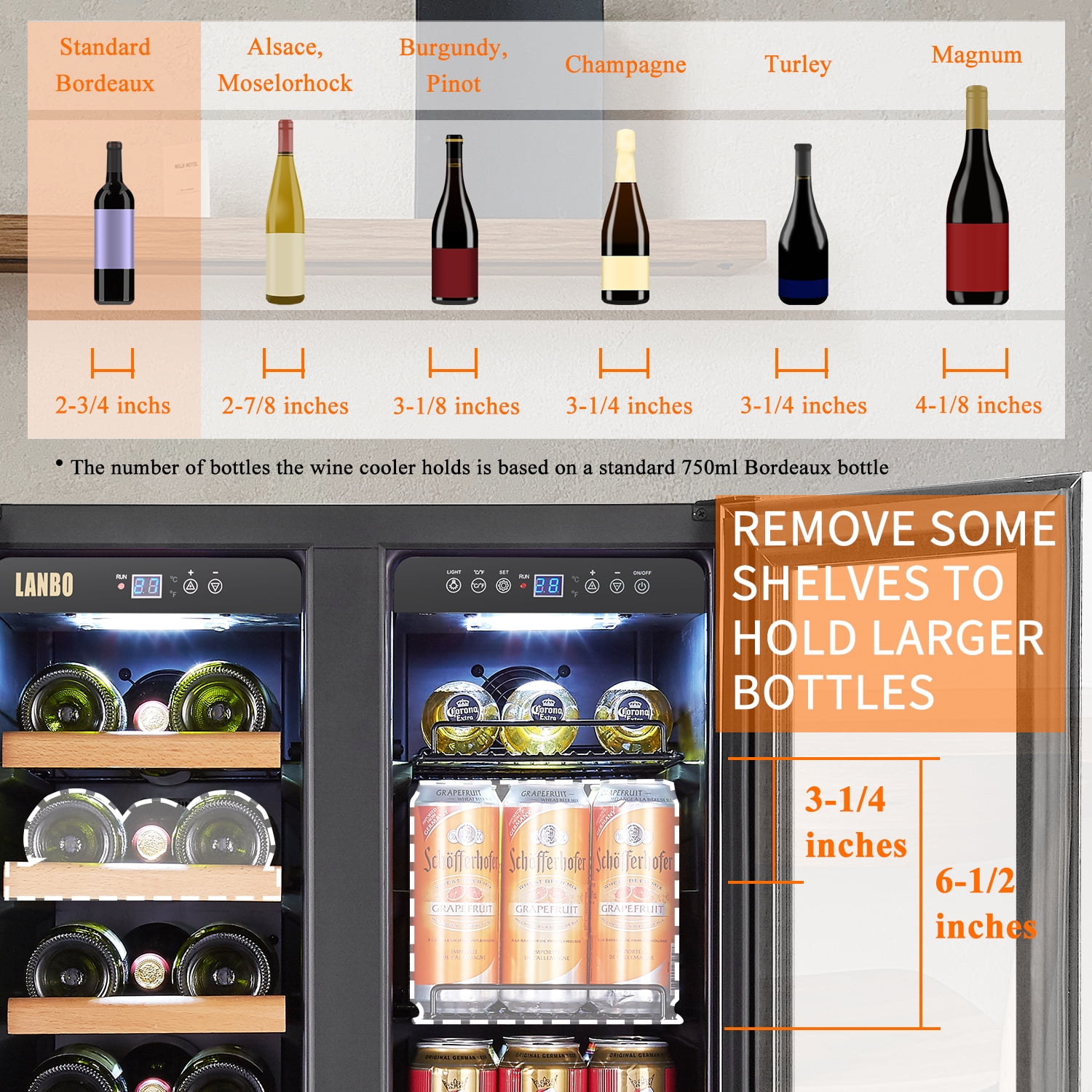 Lanbo 24 inch 18 Bottle 55 Cans Under Counter Dual Zone Wine Cooler Beverage Refrigerator - Image 11
