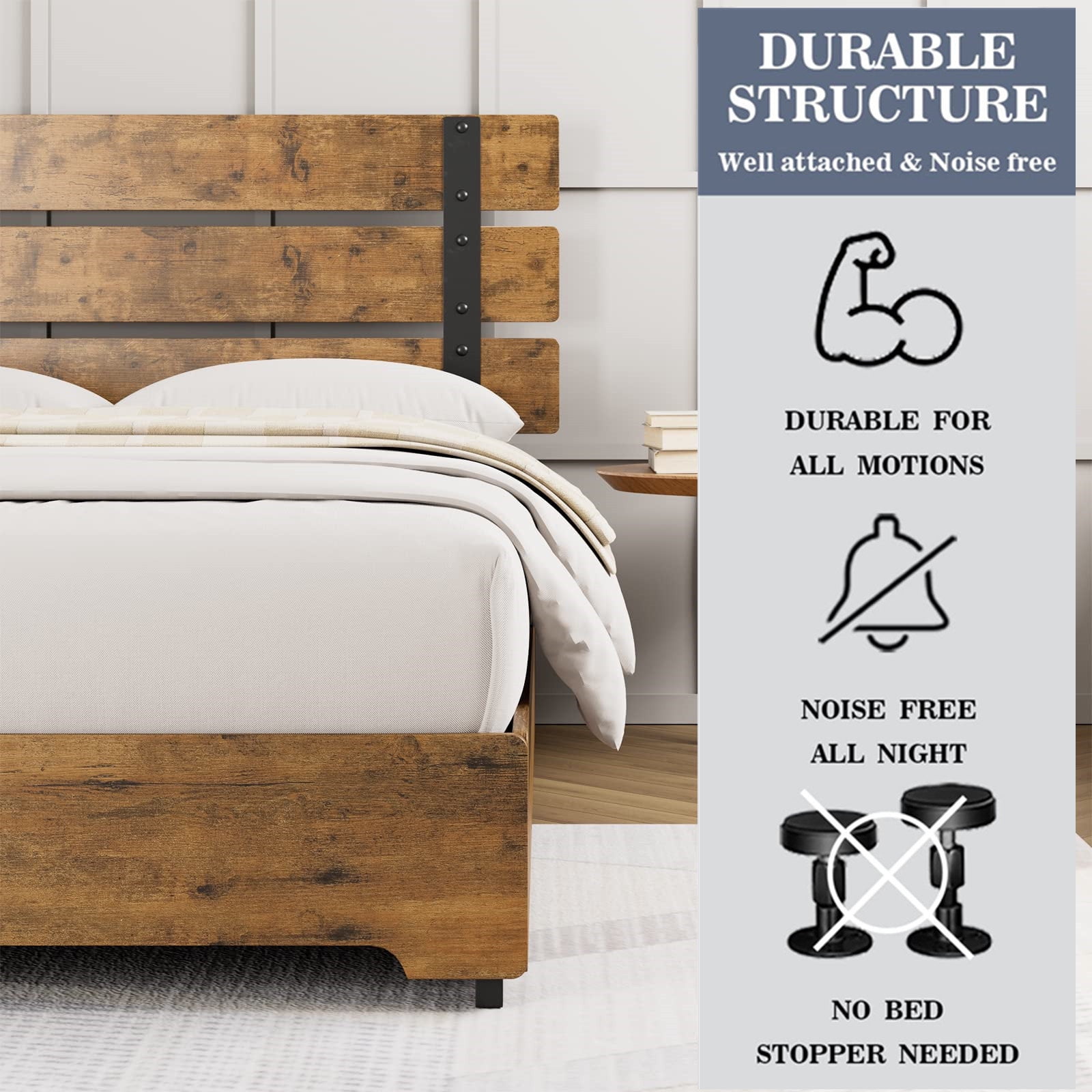 Homfa Full Size Bed Frame with 4 Storage Drawers, Industrial Wood and Metal Panel Headboard, Rustic Brown - Image 6