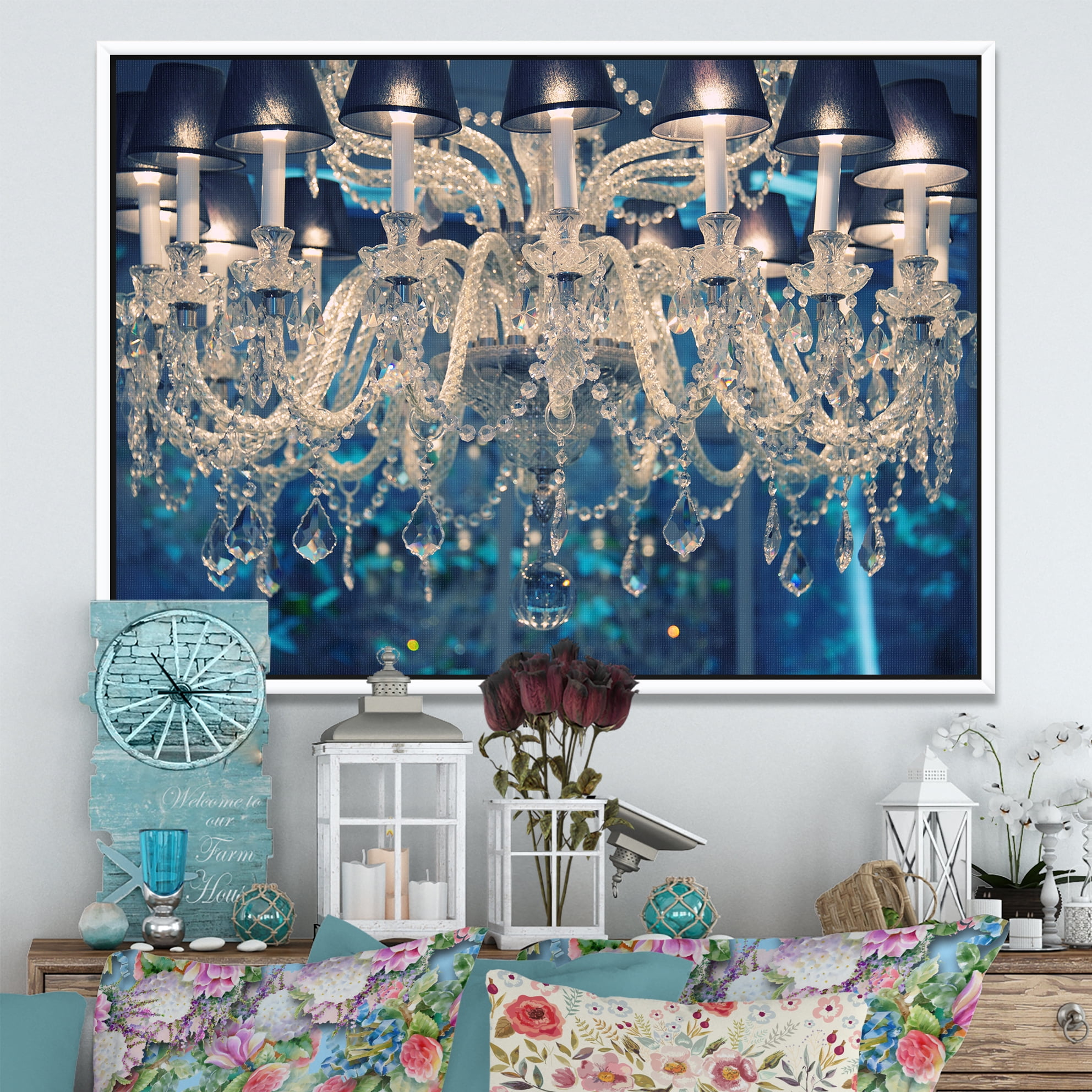 Designart ' Blue Vintage Crystal Chandelier ' Flower Artwork on Framed Canvas - Image 2