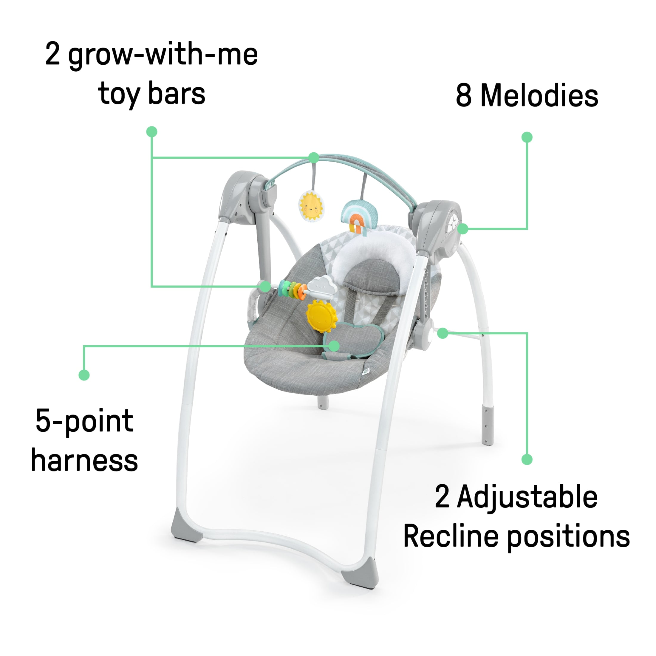 Ingenuity Milestone Baby Swing, Toy Bar, 6-Speed - Grey - Image 9