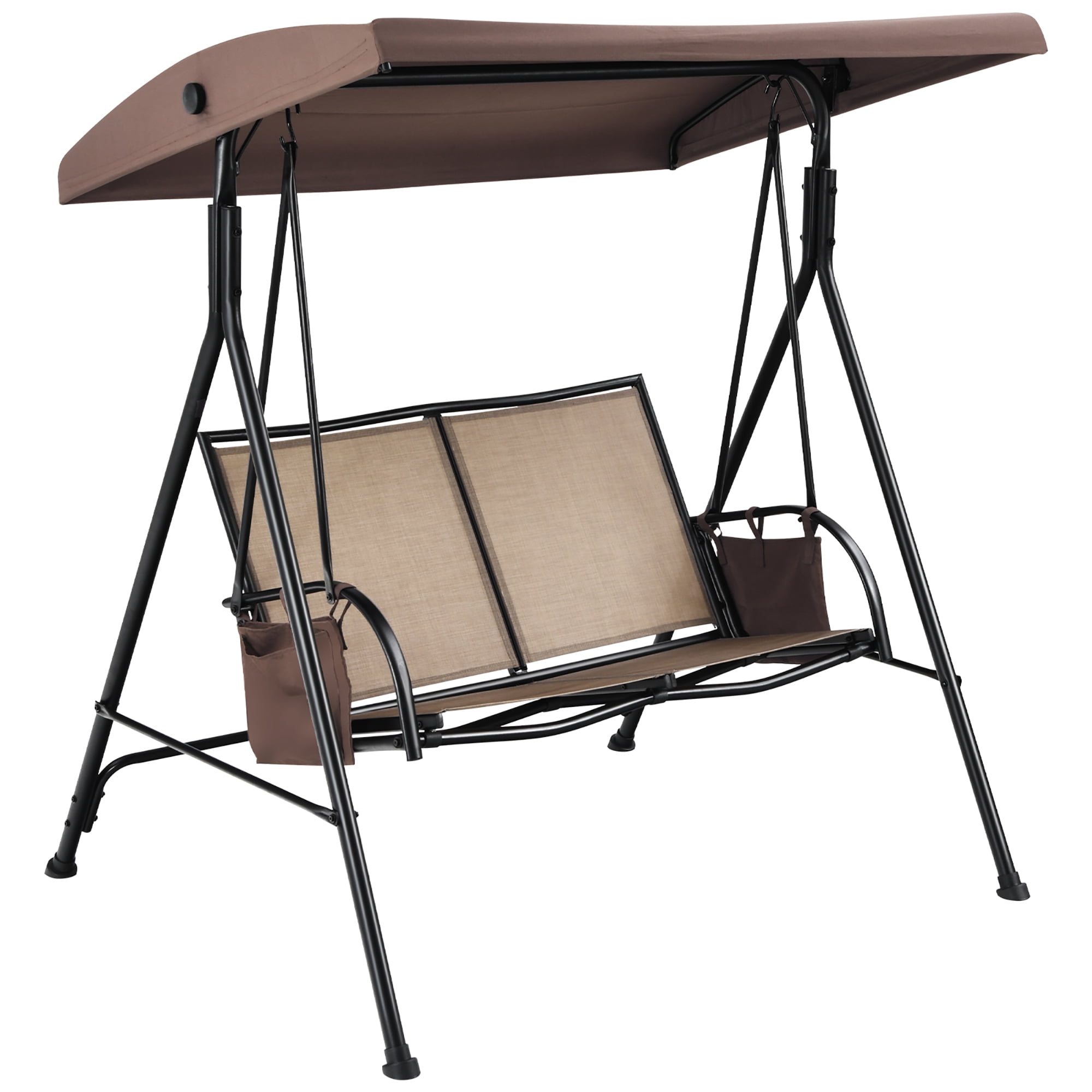Costway 2 Seat Patio Porch Swing with Adjustable Canopy Storage Pockets Brown - Image 6