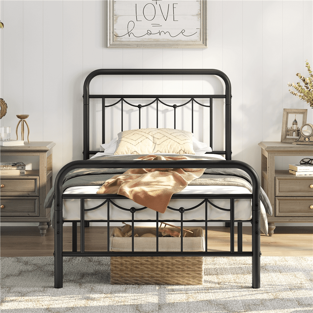 Alden Design Metal Platform Bed with Vintage Headboard and Footboard, Twin XL, Black - Image 3